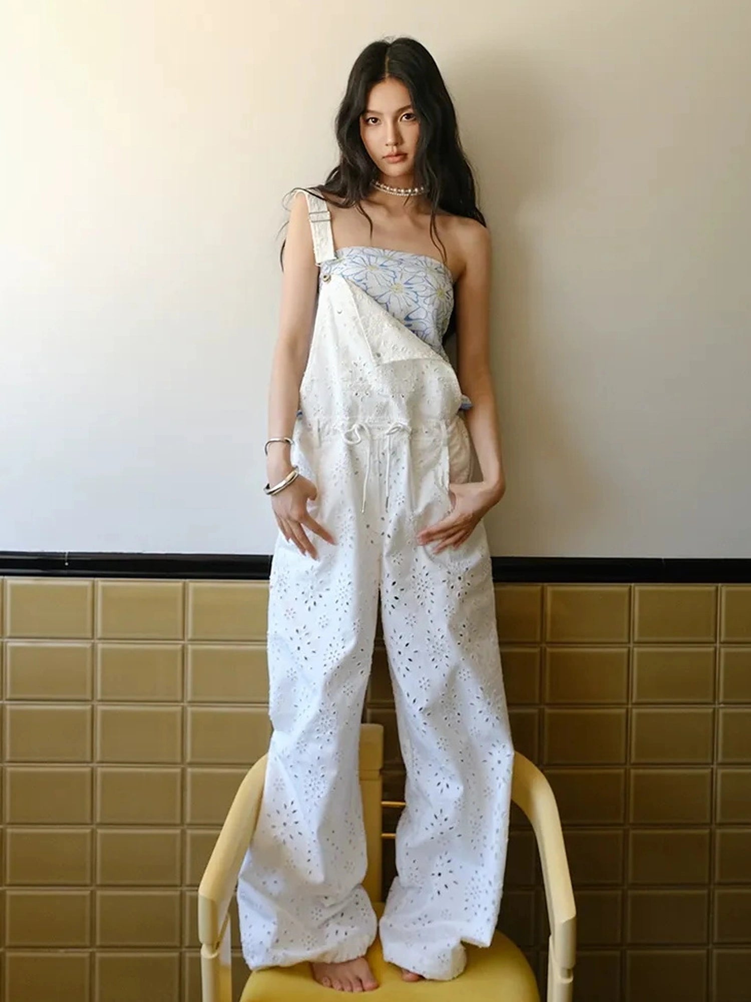 FU FRESH UP Lightweight Embroidered Linen Overalls