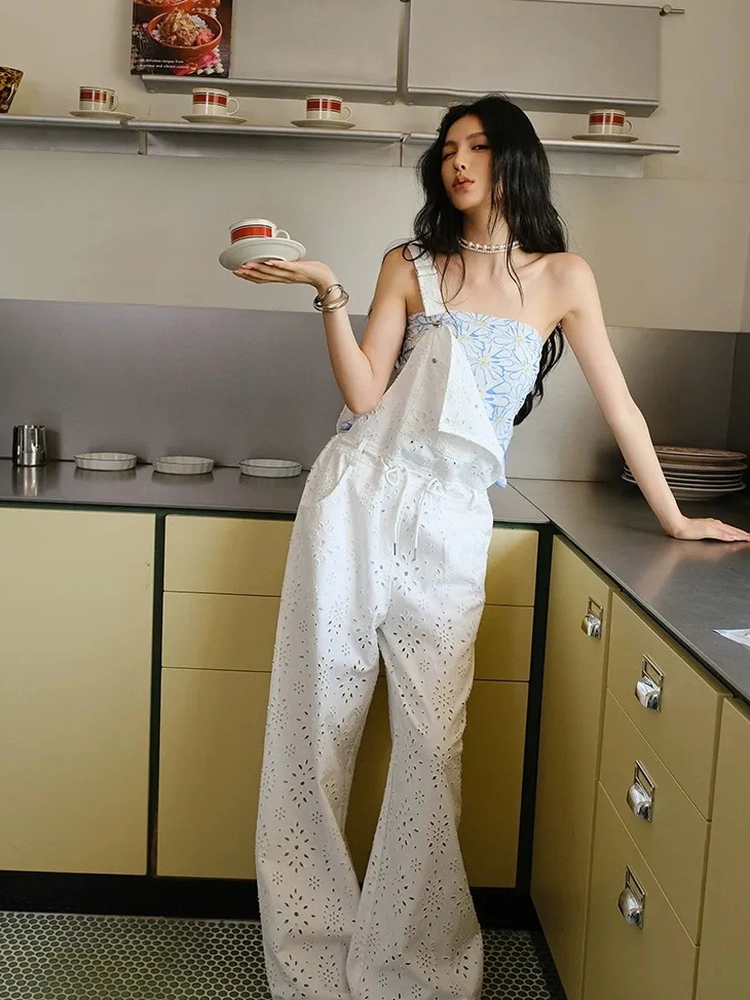 FU FRESH UP Lightweight Embroidered Linen Overalls