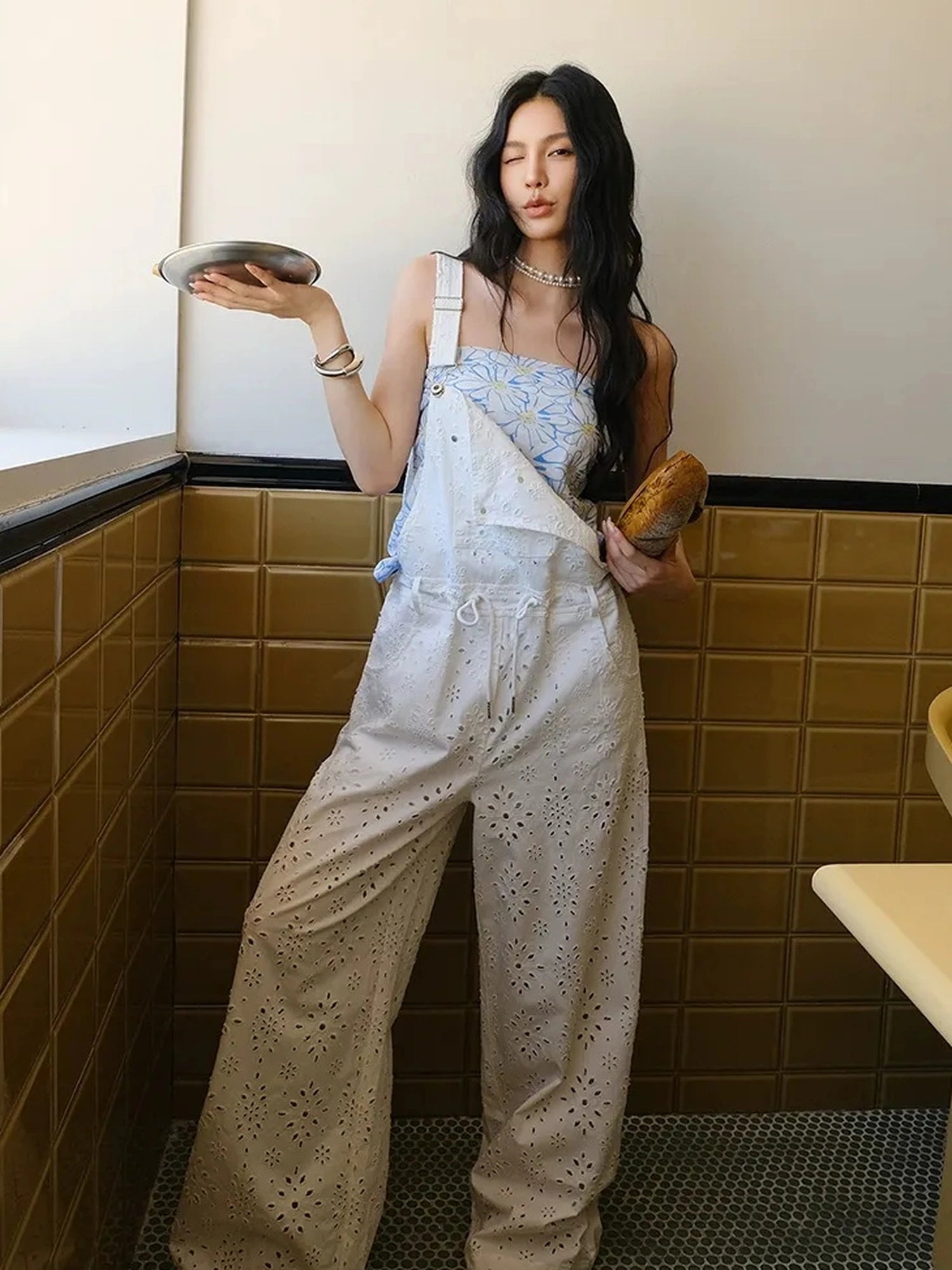 FU FRESH UP Lightweight Embroidered Linen Overalls