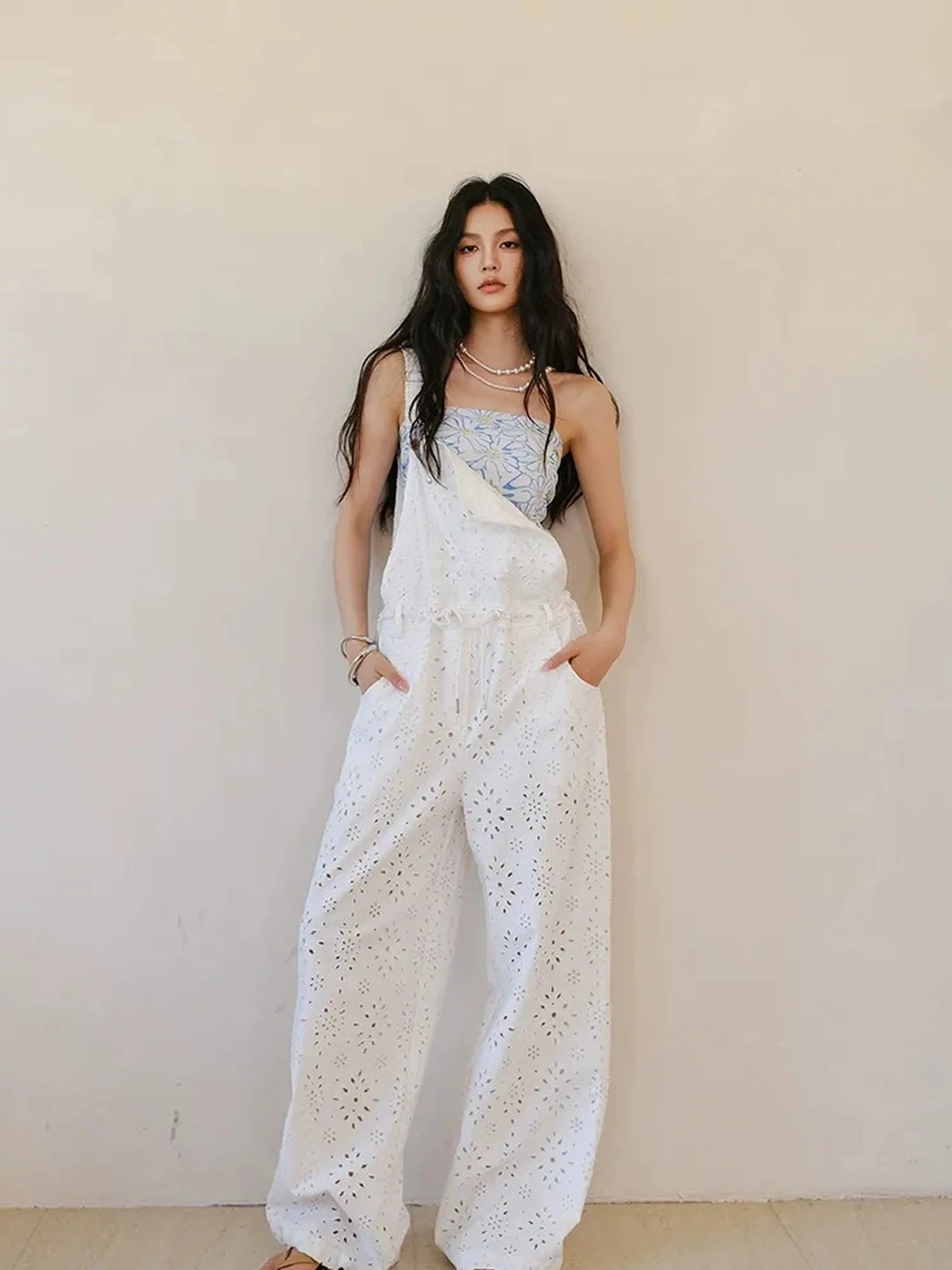 FU FRESH UP Lightweight Embroidered Linen Overalls