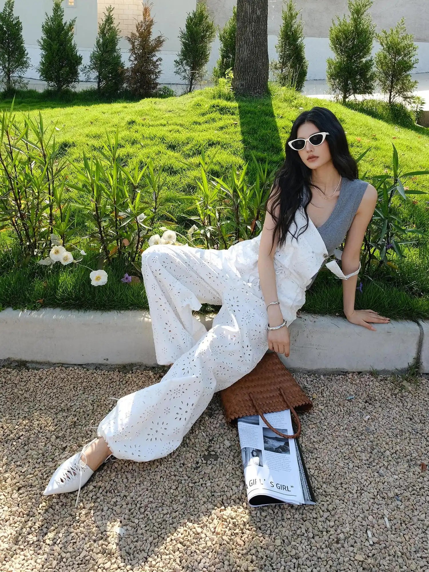 FU FRESH UP Lightweight Embroidered Linen Overalls