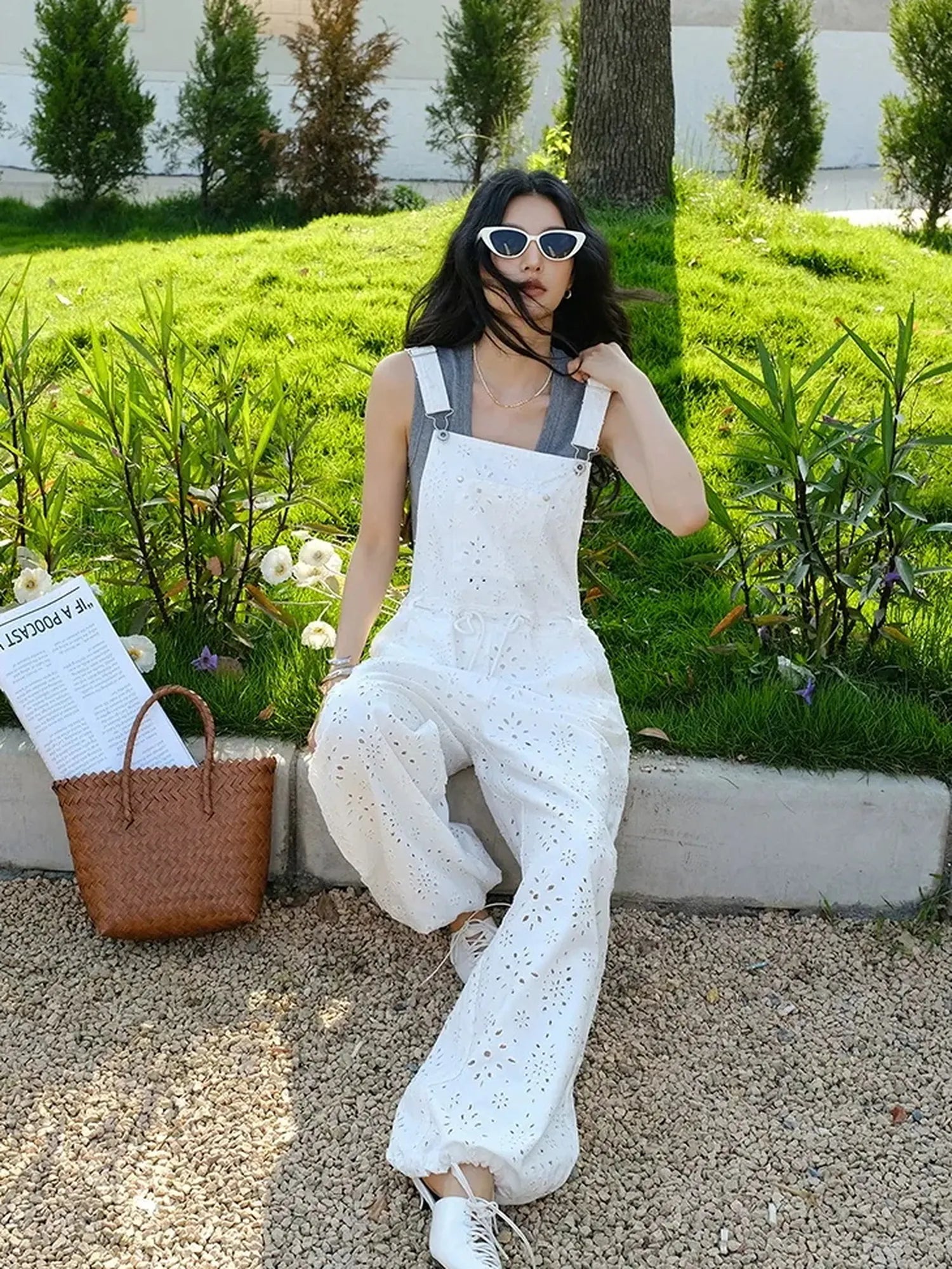 FU FRESH UP Lightweight Embroidered Linen Overalls