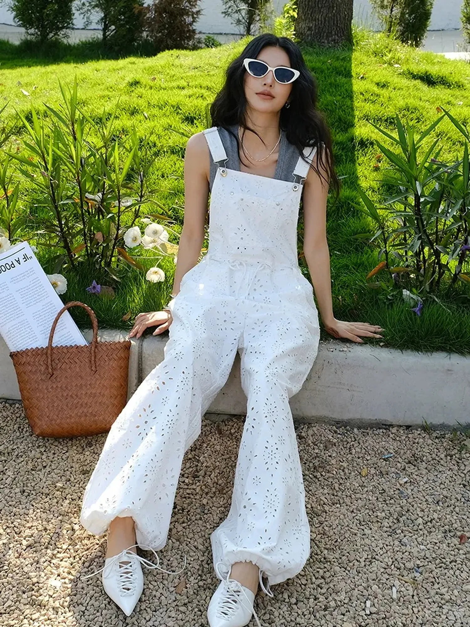 FU FRESH UP Lightweight Embroidered Linen Overalls