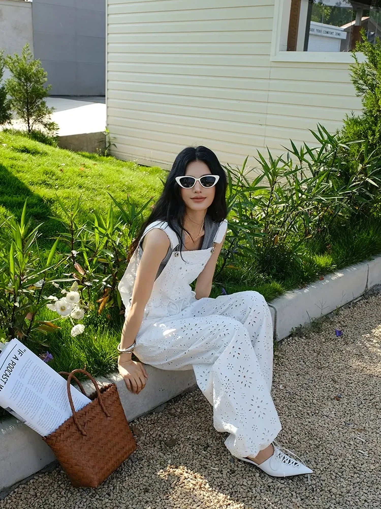 FU FRESH UP Lightweight Embroidered Linen Overalls