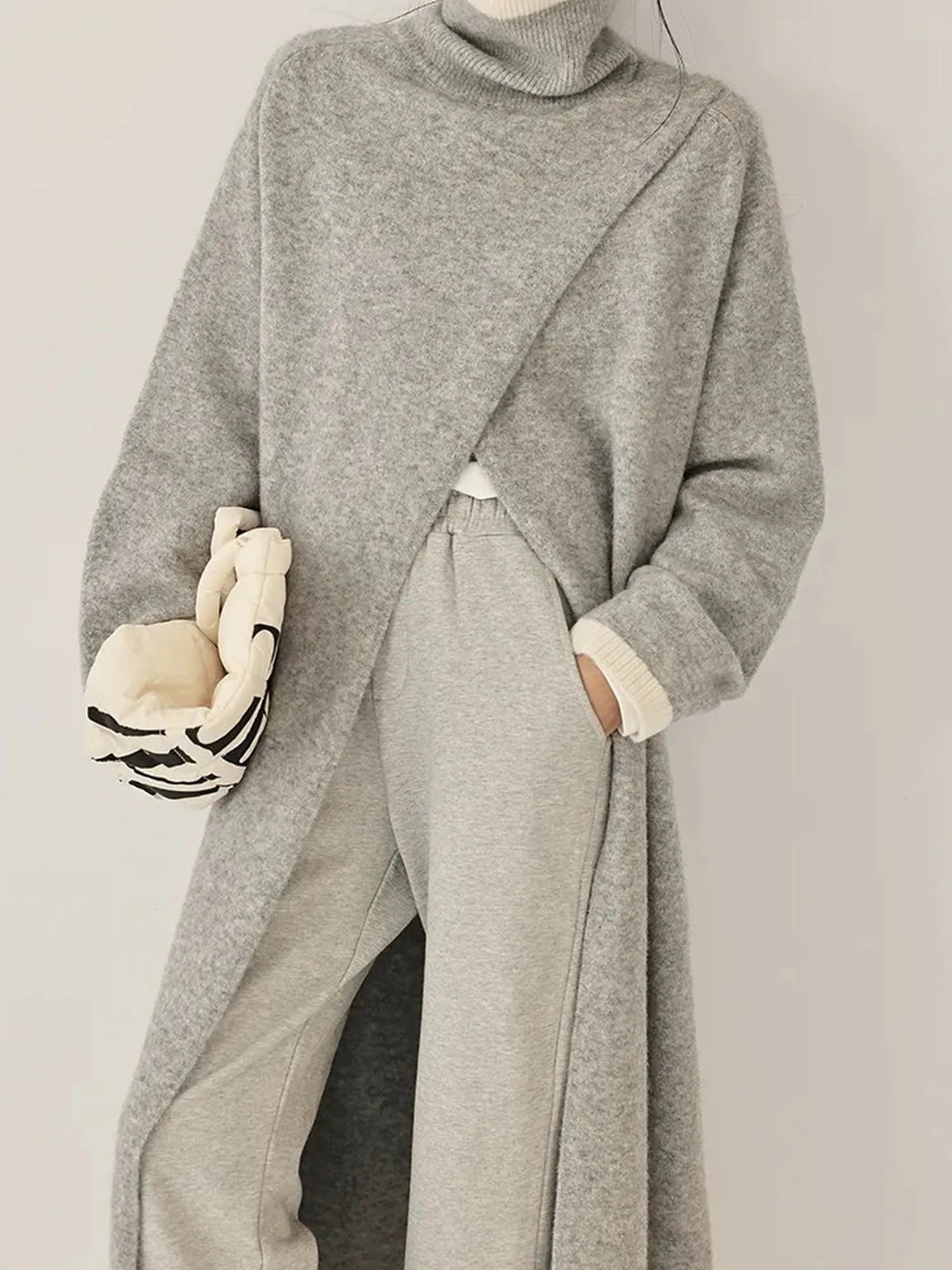 FU FRESH UP Long Asymmetrical Front Slit Alpaca Wool Turtleneck Sweater