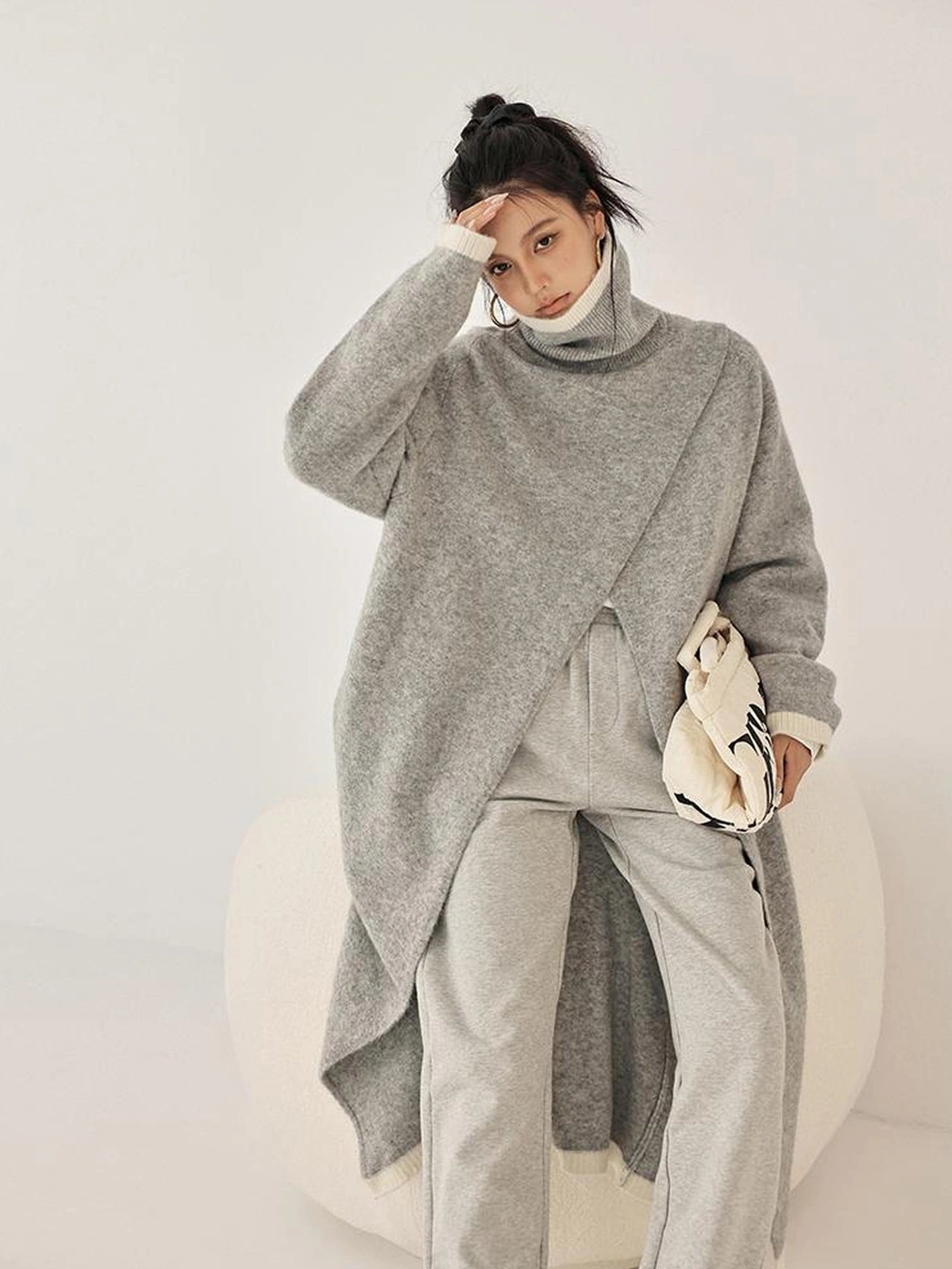 FU FRESH UP Long Asymmetrical Front Slit Alpaca Wool Turtleneck Sweater
