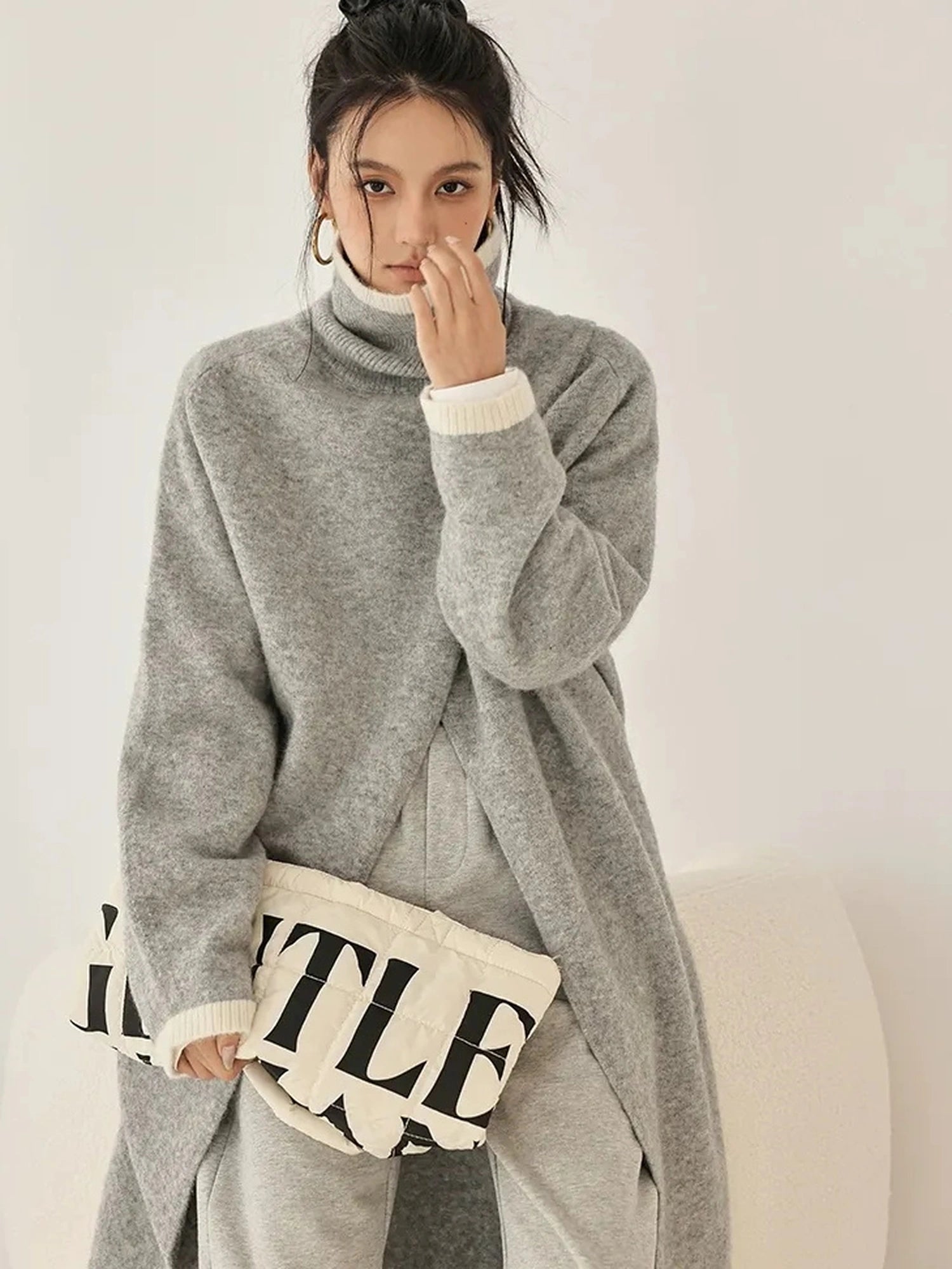 FU FRESH UP Long Asymmetrical Front Slit Alpaca Wool Turtleneck Sweater