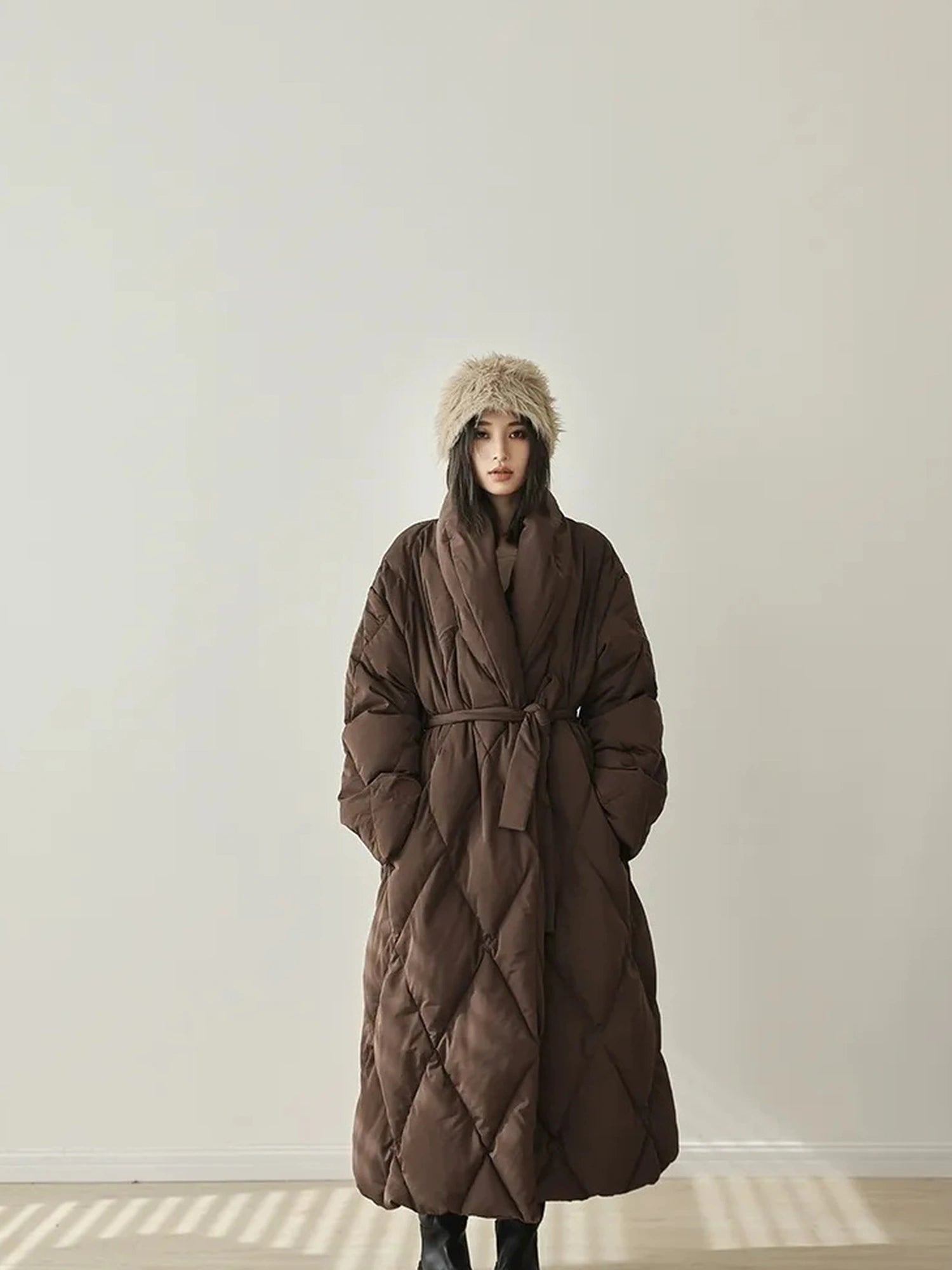 FU FRESH UP Long Padded Quilted Down Coat With Waist Tie