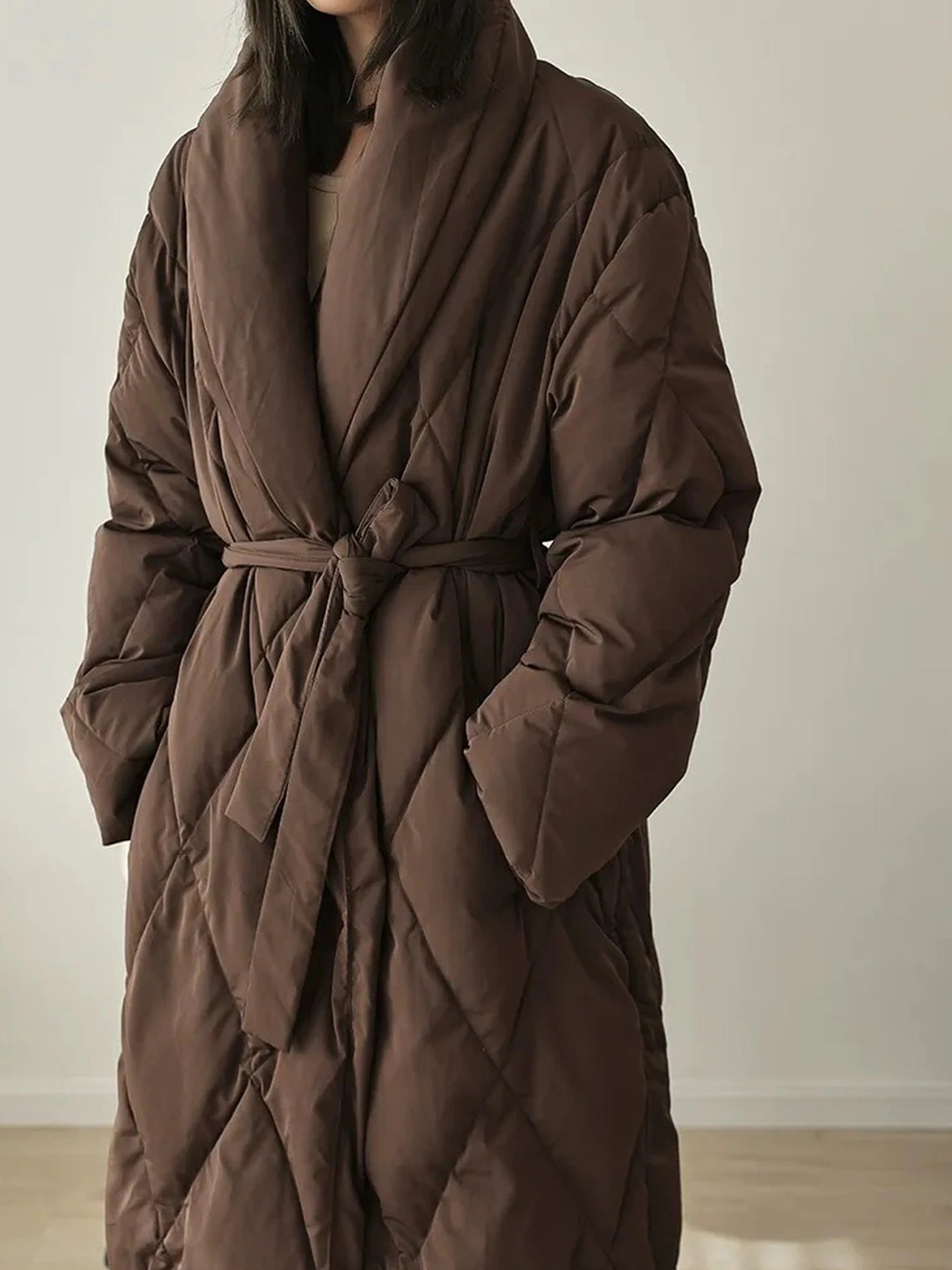 FU FRESH UP Long Padded Quilted Down Coat With Waist Tie