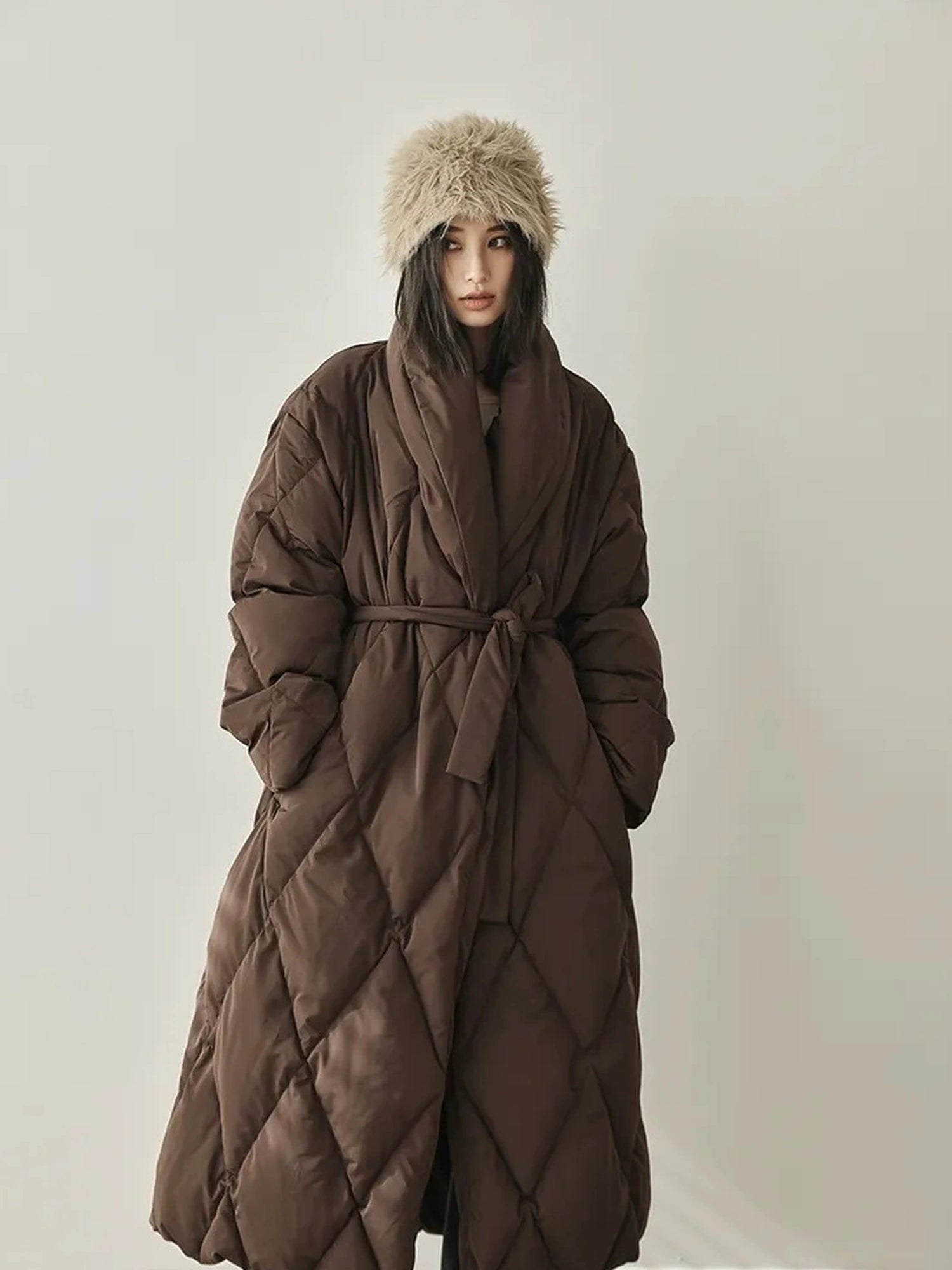 FU FRESH UP Long Padded Quilted Down Coat With Waist Tie