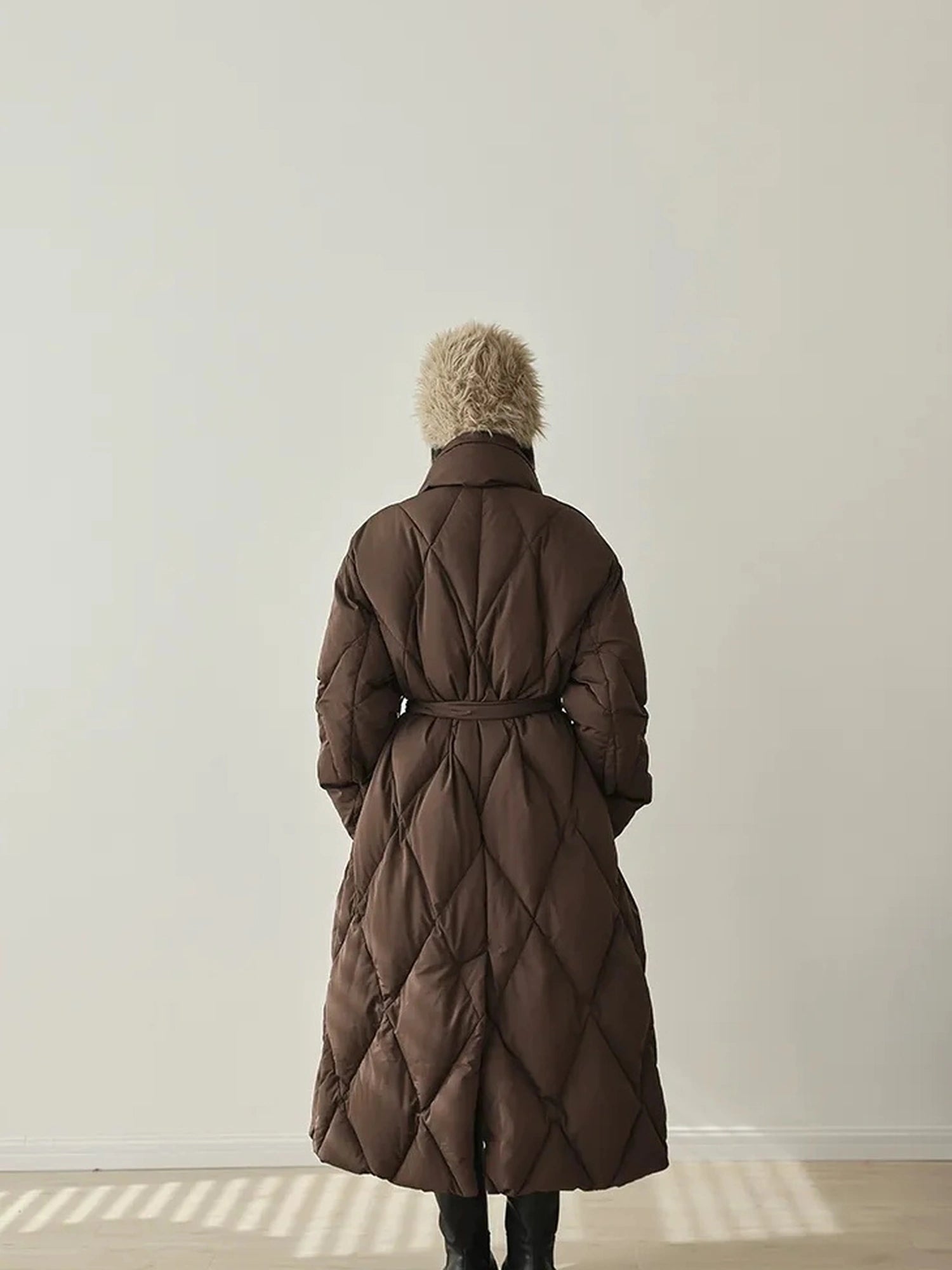 FU FRESH UP Long Padded Quilted Down Coat With Waist Tie