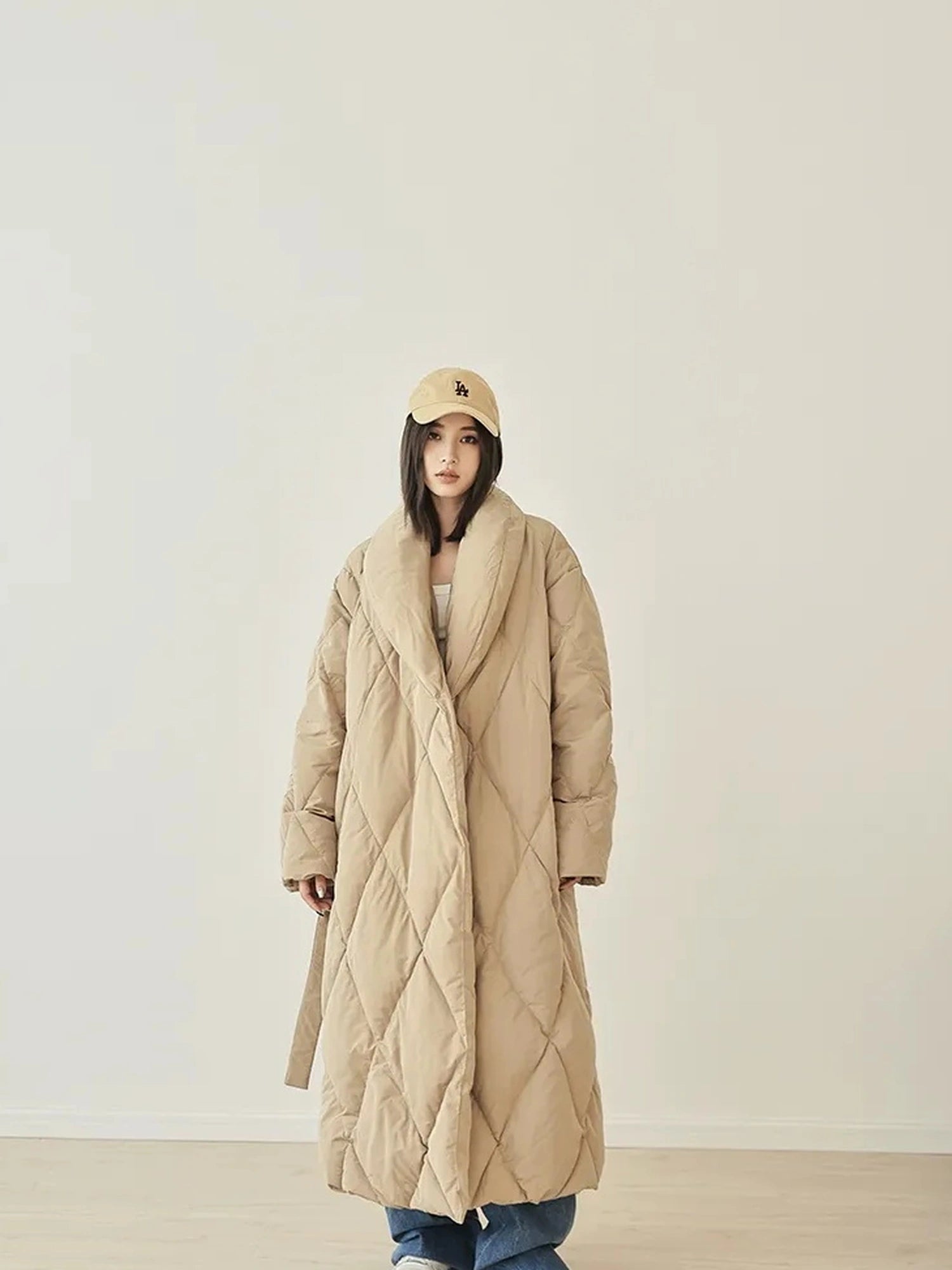 FU FRESH UP Long Padded Quilted Down Coat With Waist Tie