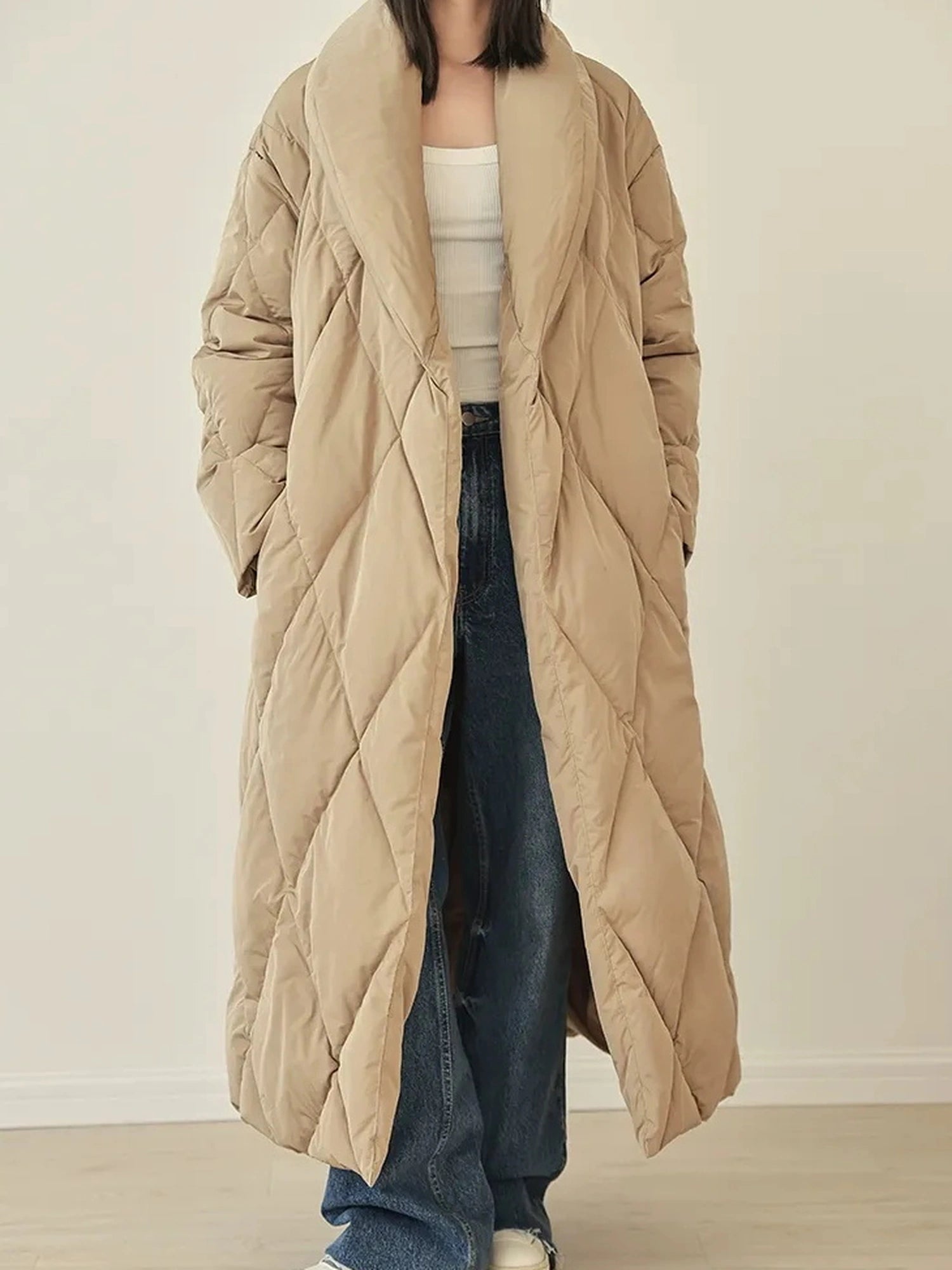 FU FRESH UP Long Padded Quilted Down Coat With Waist Tie