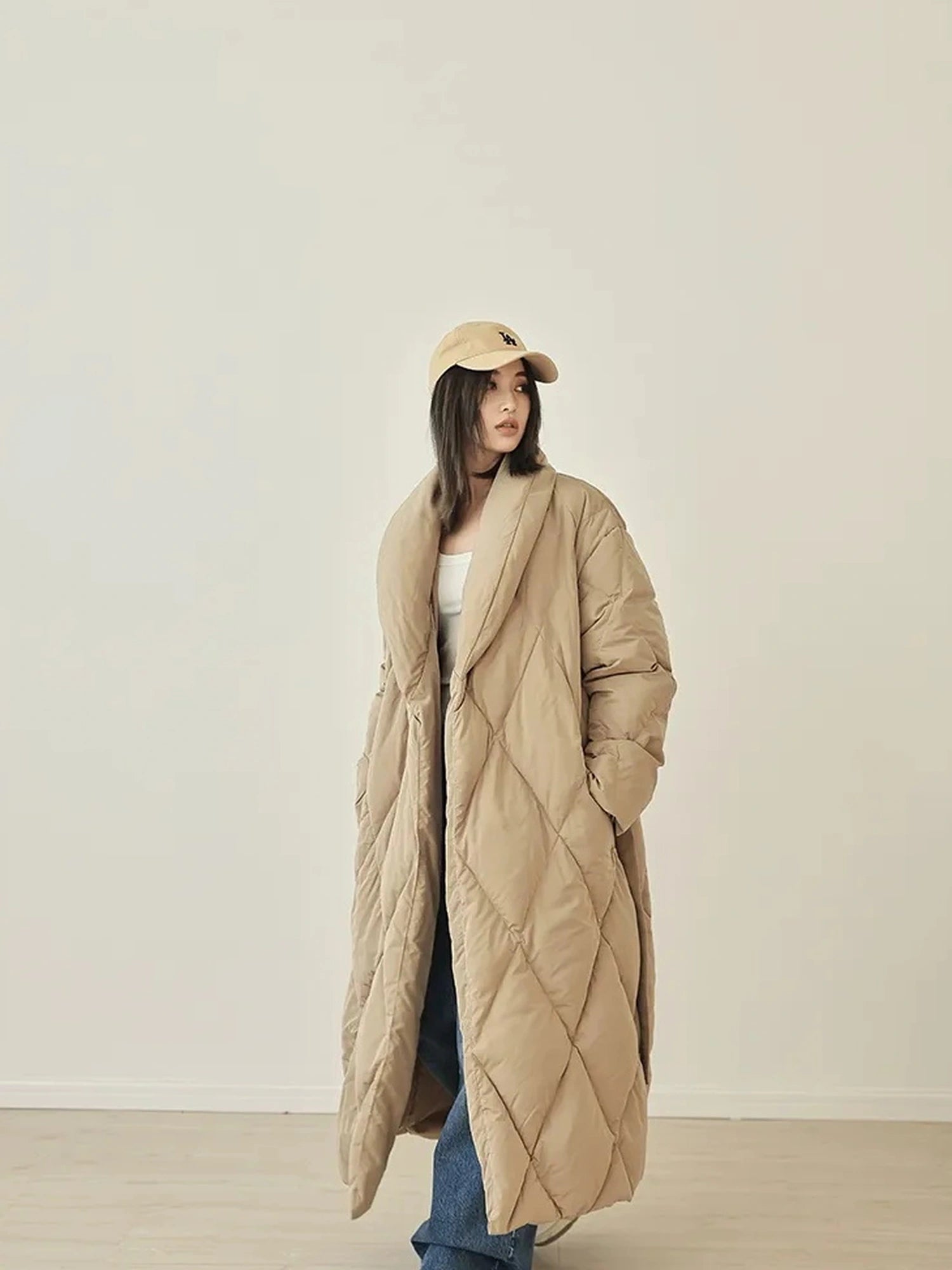 FU FRESH UP Long Padded Quilted Down Coat With Waist Tie