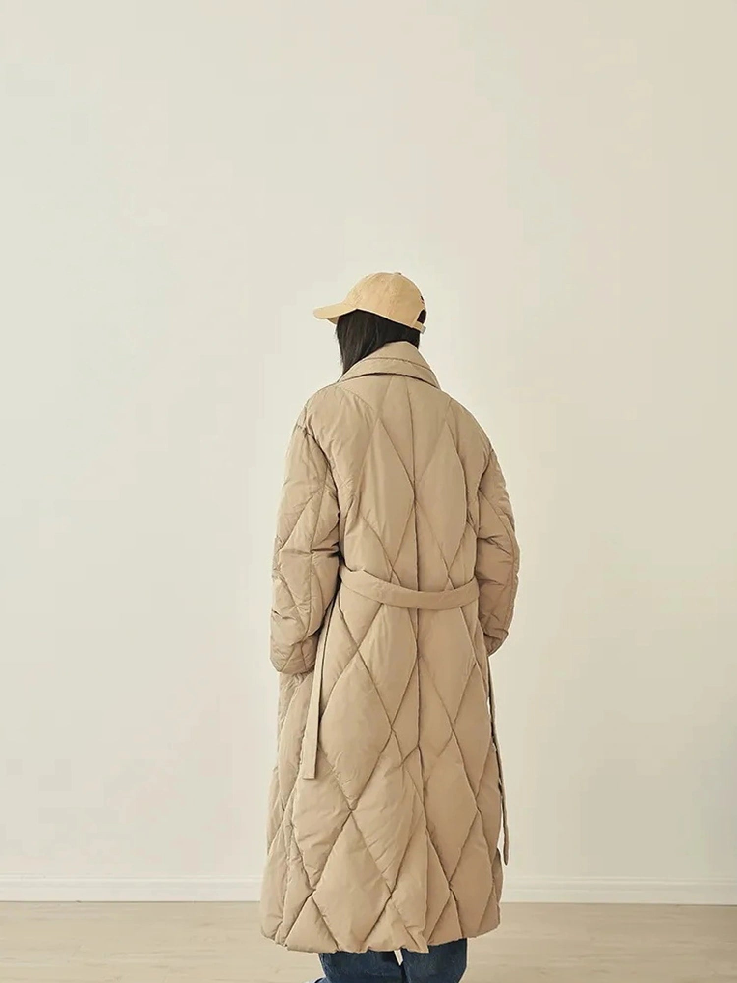 FU FRESH UP Long Padded Quilted Down Coat With Waist Tie