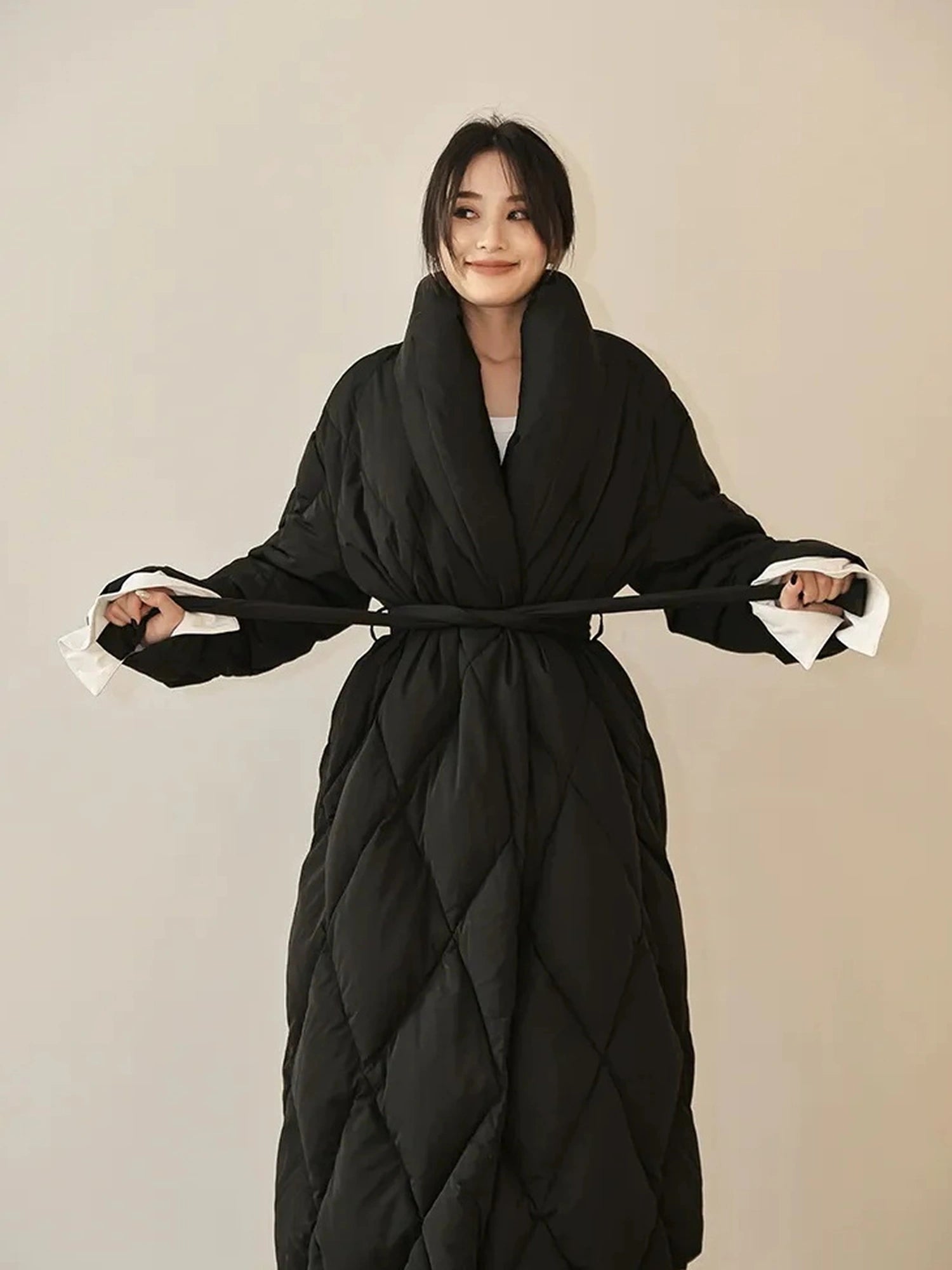FU FRESH UP Long Padded Quilted Down Coat With Waist Tie