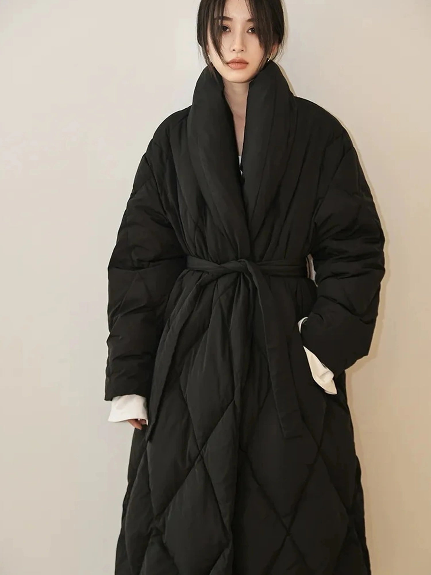 FU FRESH UP Long Padded Quilted Down Coat With Waist Tie