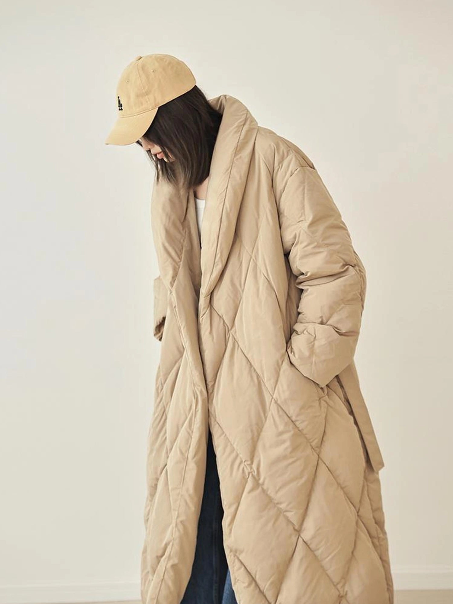 FU FRESH UP Long Padded Quilted Down Coat With Waist Tie