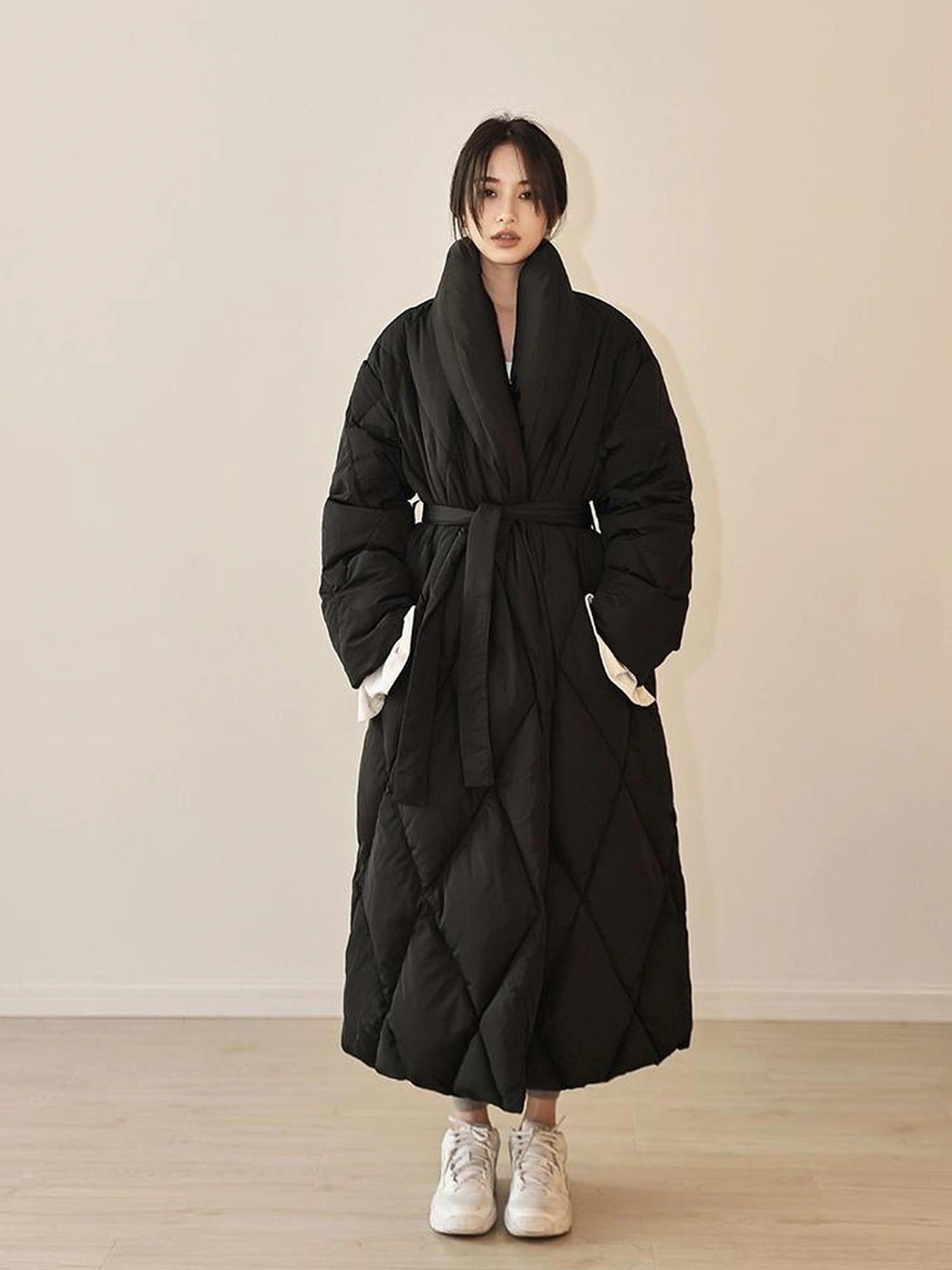 FU FRESH UP Long Padded Quilted Down Coat With Waist Tie