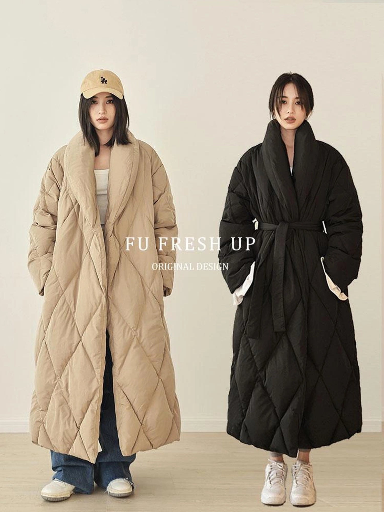 FU FRESH UP Long Padded Quilted Down Coat With Waist Tie