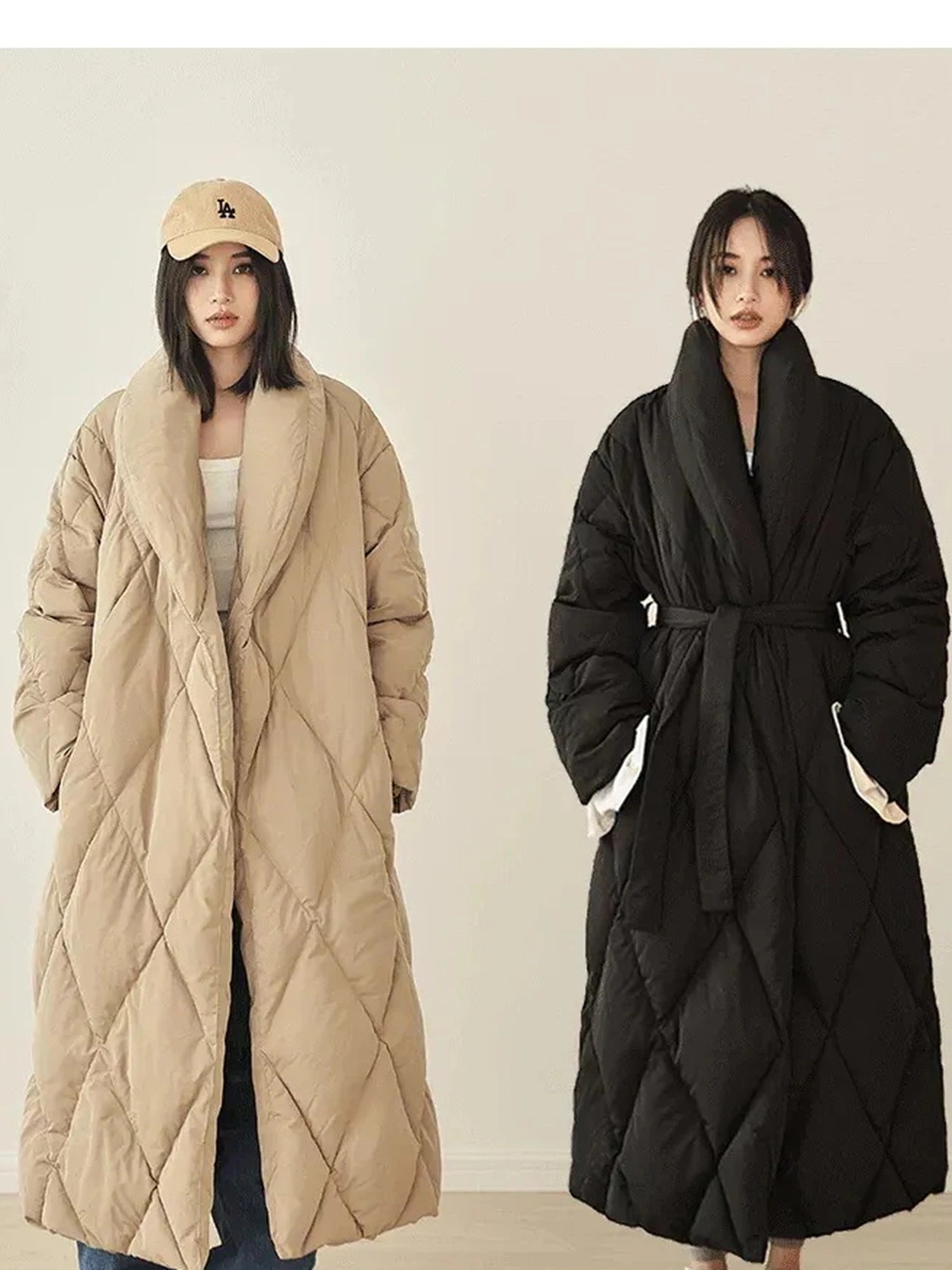 FU FRESH UP Long Padded Quilted Down Coat With Waist Tie