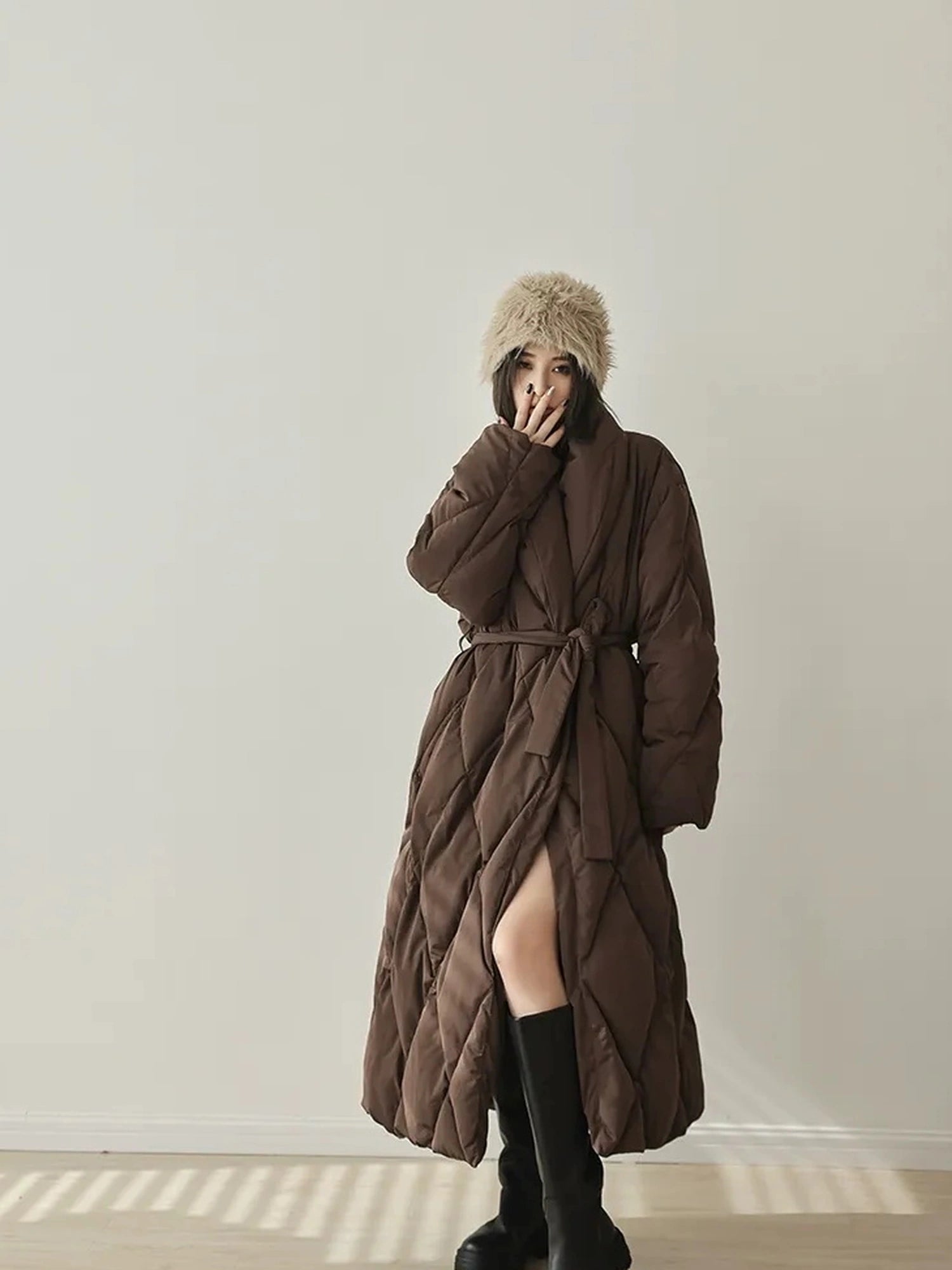 FU FRESH UP Long Padded Quilted Down Coat With Waist Tie