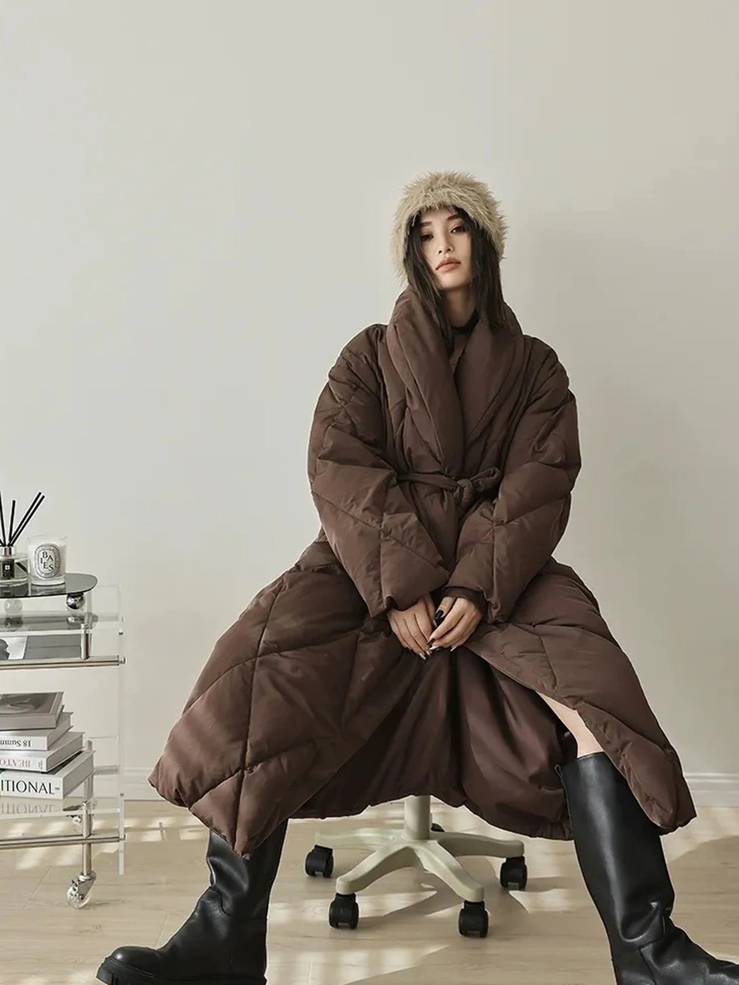 FU FRESH UP Long Padded Quilted Down Coat With Waist Tie