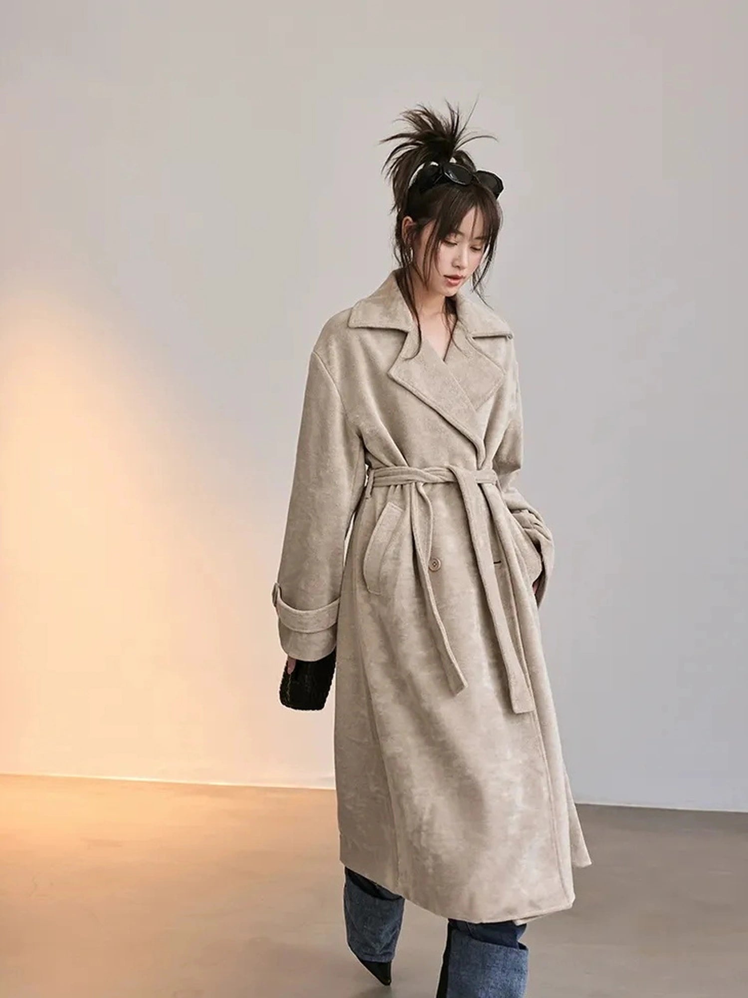 FU FRESH UP Long Plush Towel Fabric Trench Coat