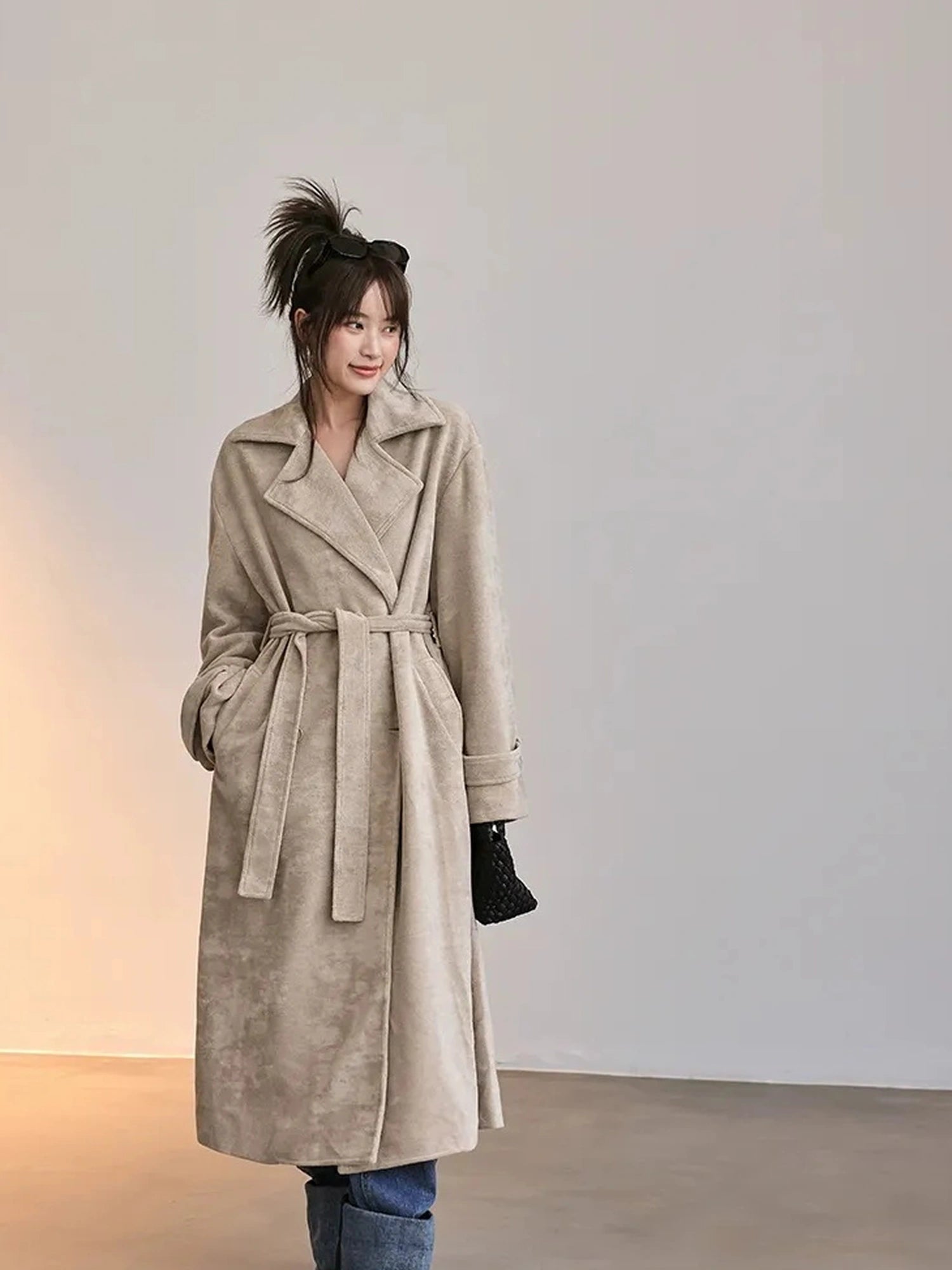 FU FRESH UP Long Plush Towel Fabric Trench Coat