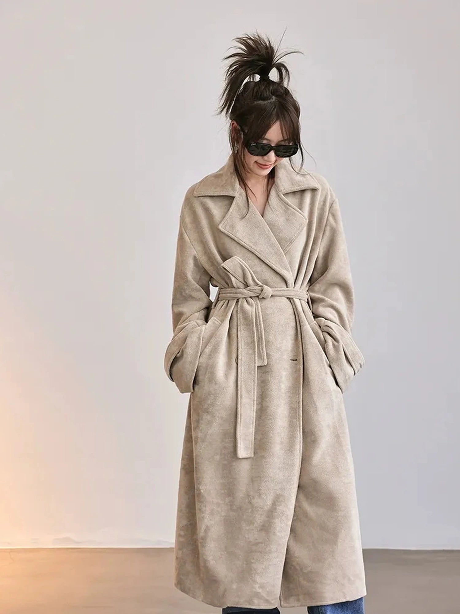 FU FRESH UP Long Plush Towel Fabric Trench Coat