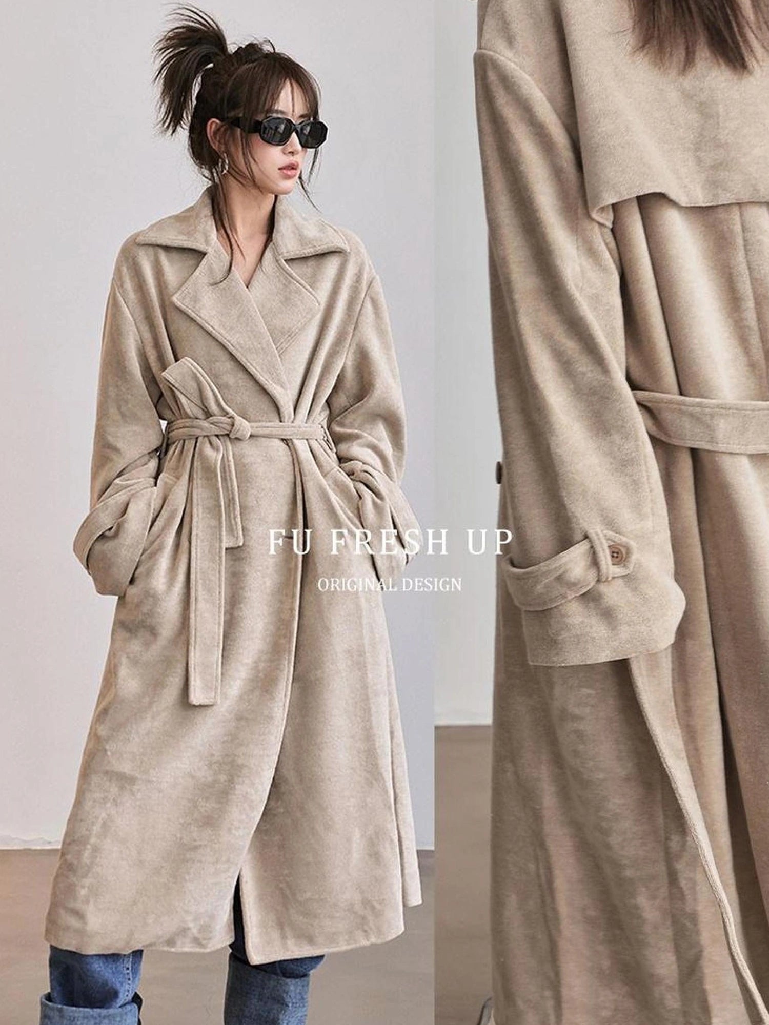 FU FRESH UP Long Plush Towel Fabric Trench Coat