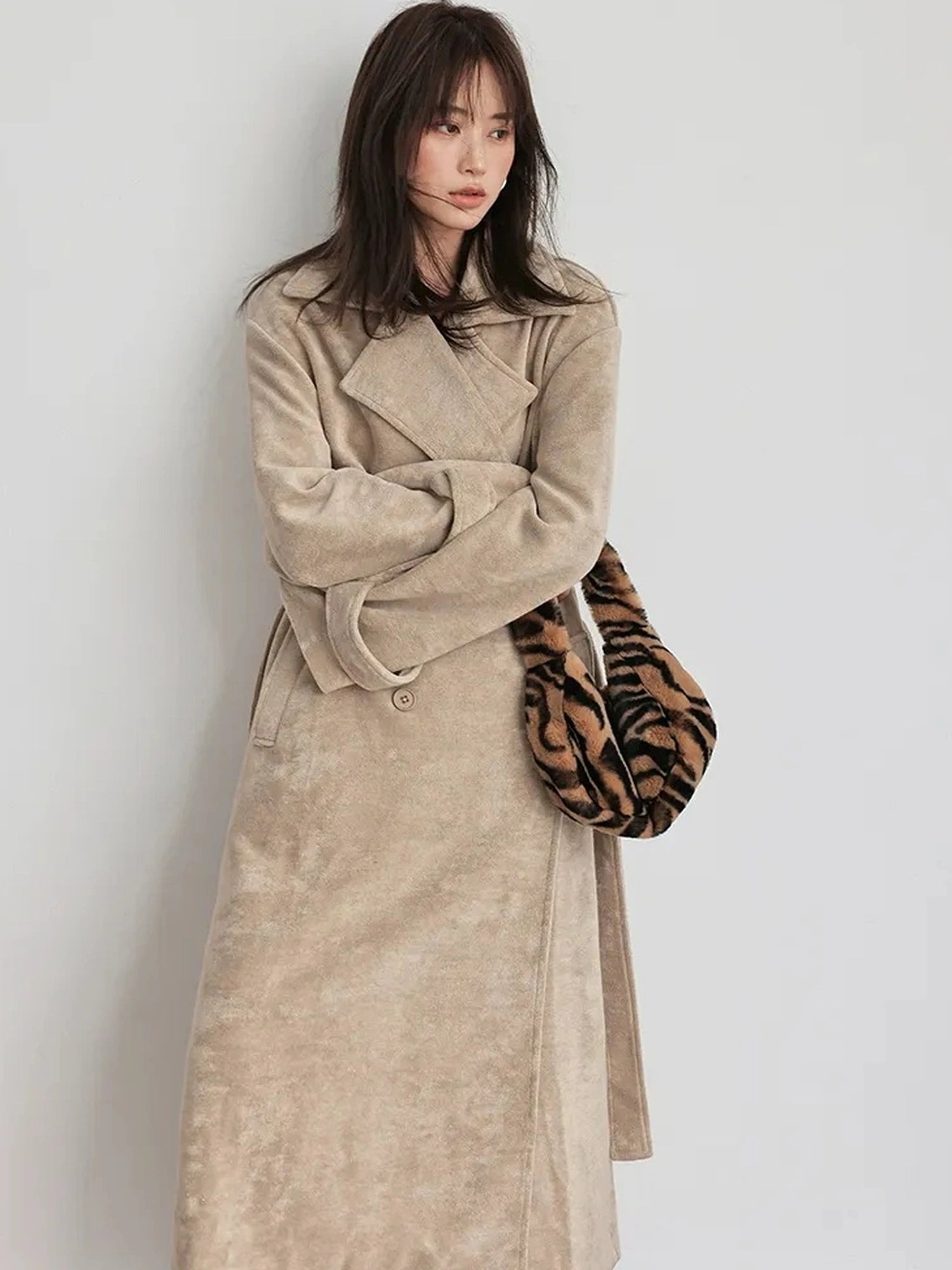 FU FRESH UP Long Plush Towel Fabric Trench Coat