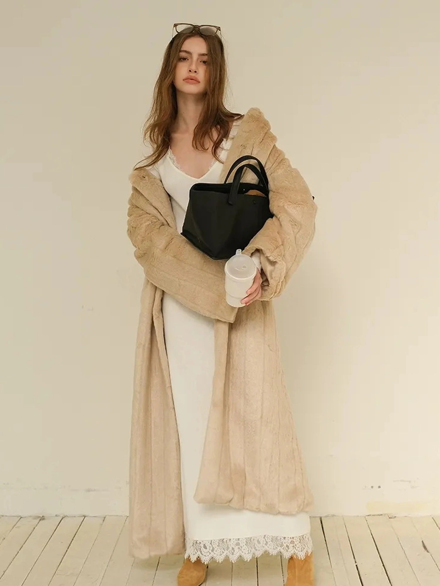 FU FRESH UP Long Plush Vertical Stripe Faux Fur Coat
