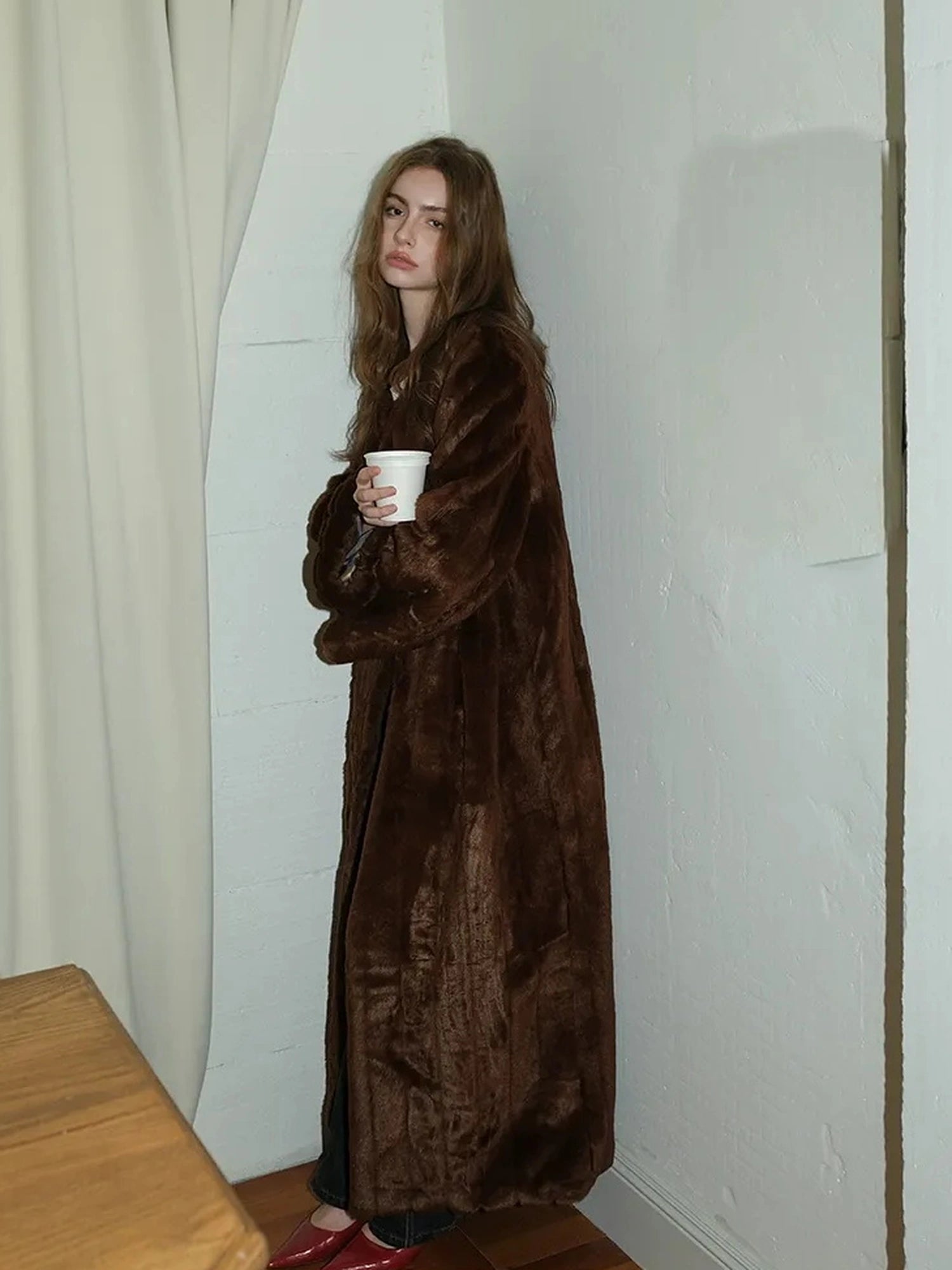 FU FRESH UP Long Plush Vertical Stripe Faux Fur Coat