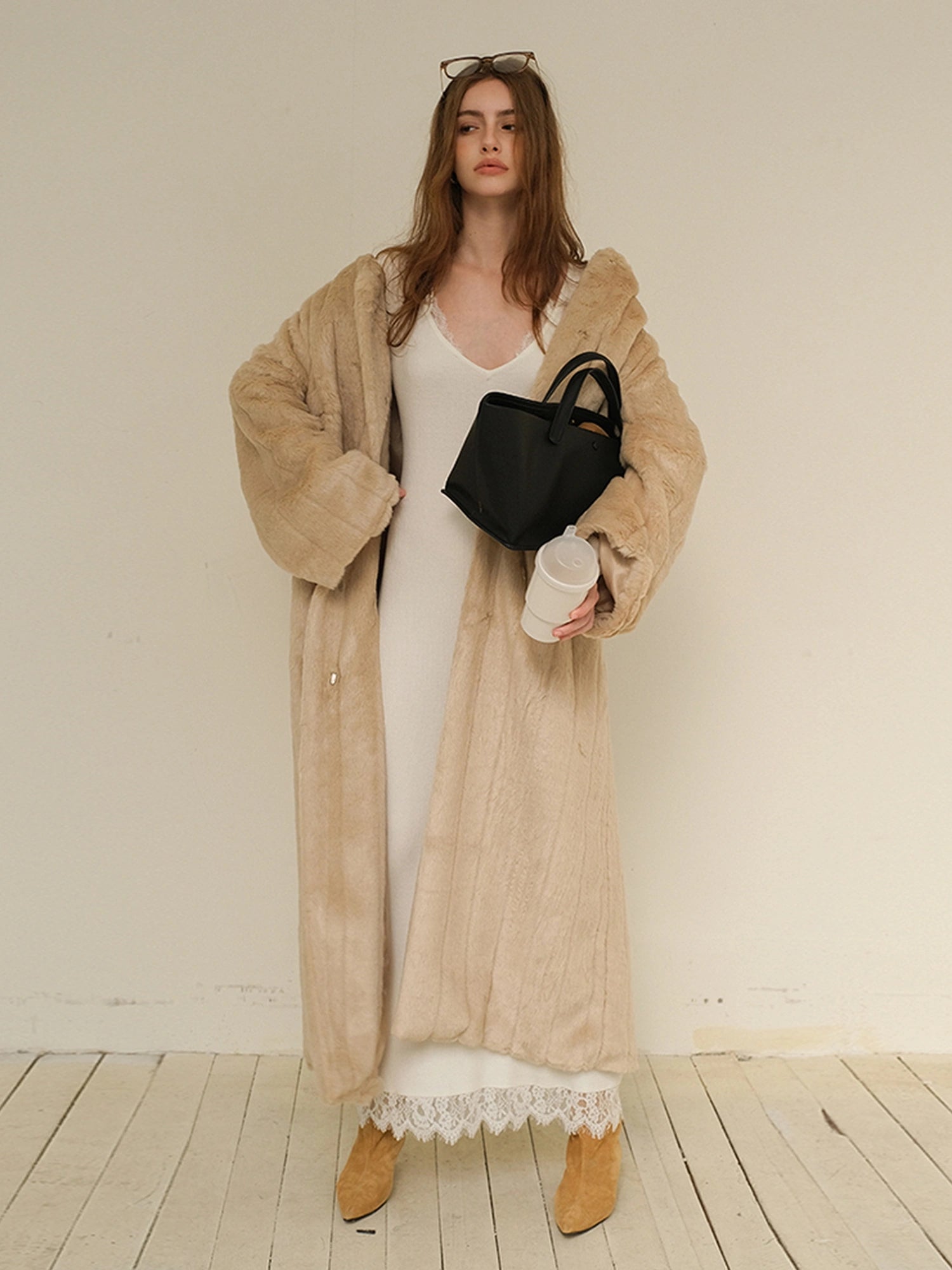 FU FRESH UP Long Plush Vertical Stripe Faux Fur Coat