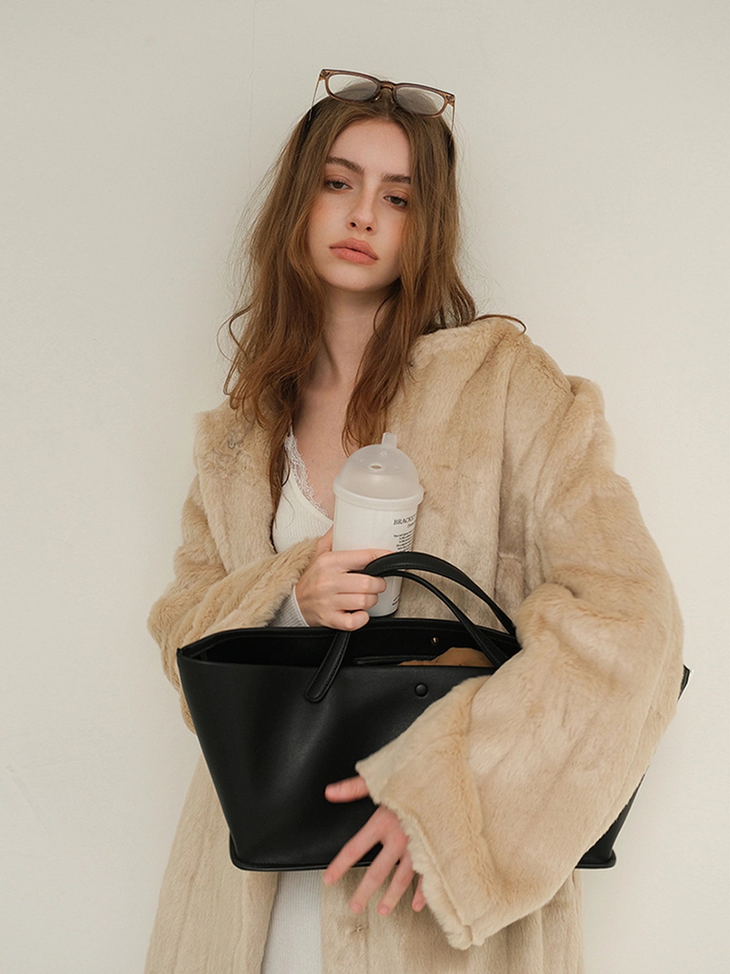 FU FRESH UP Long Plush Vertical Stripe Faux Fur Coat