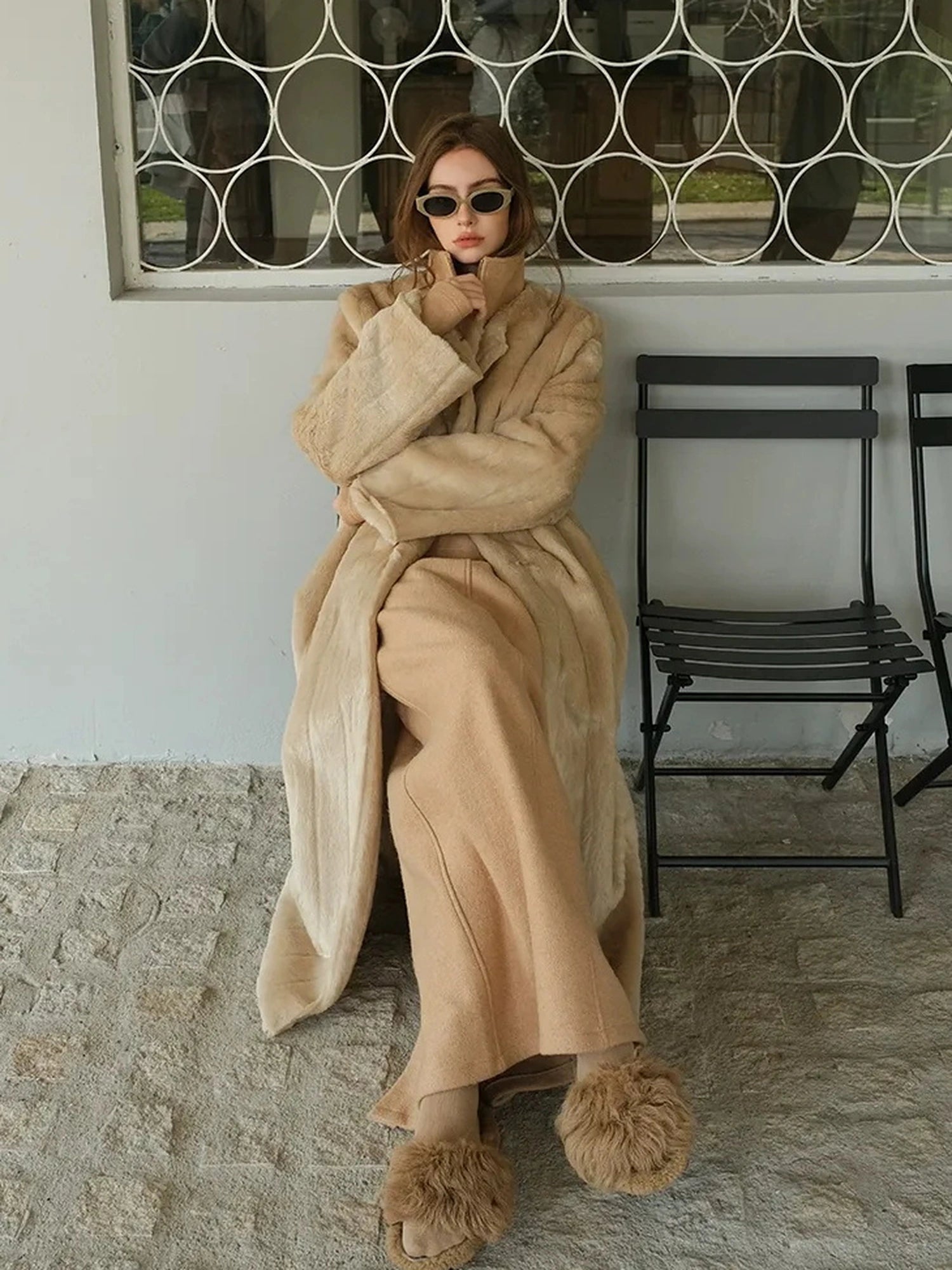 FU FRESH UP Long Plush Vertical Stripe Faux Fur Coat