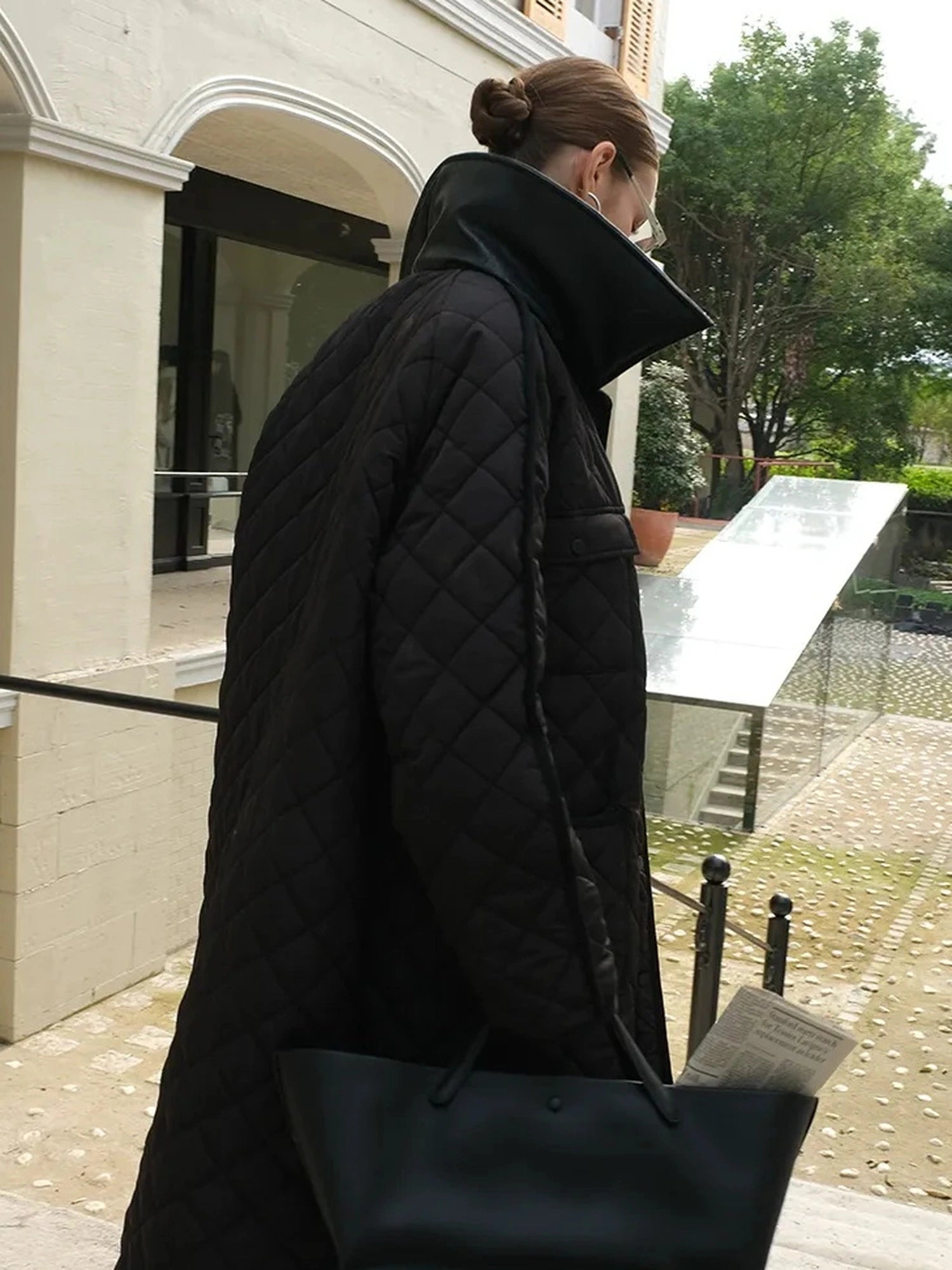 FU FRESH UP Long Puffer Coat With Quilted Pattern And Leather Trim