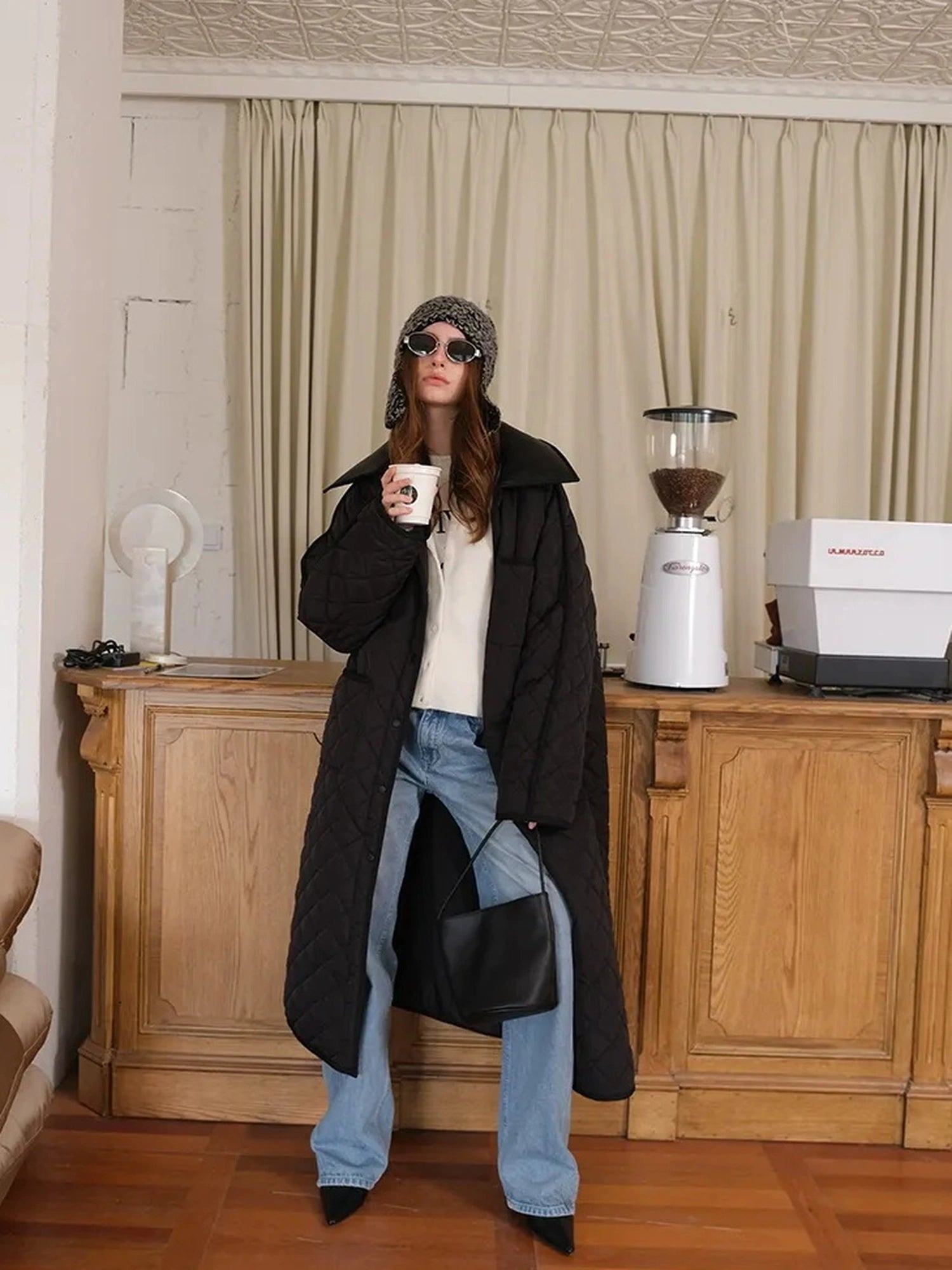FU FRESH UP Long Puffer Coat With Quilted Pattern And Leather Trim
