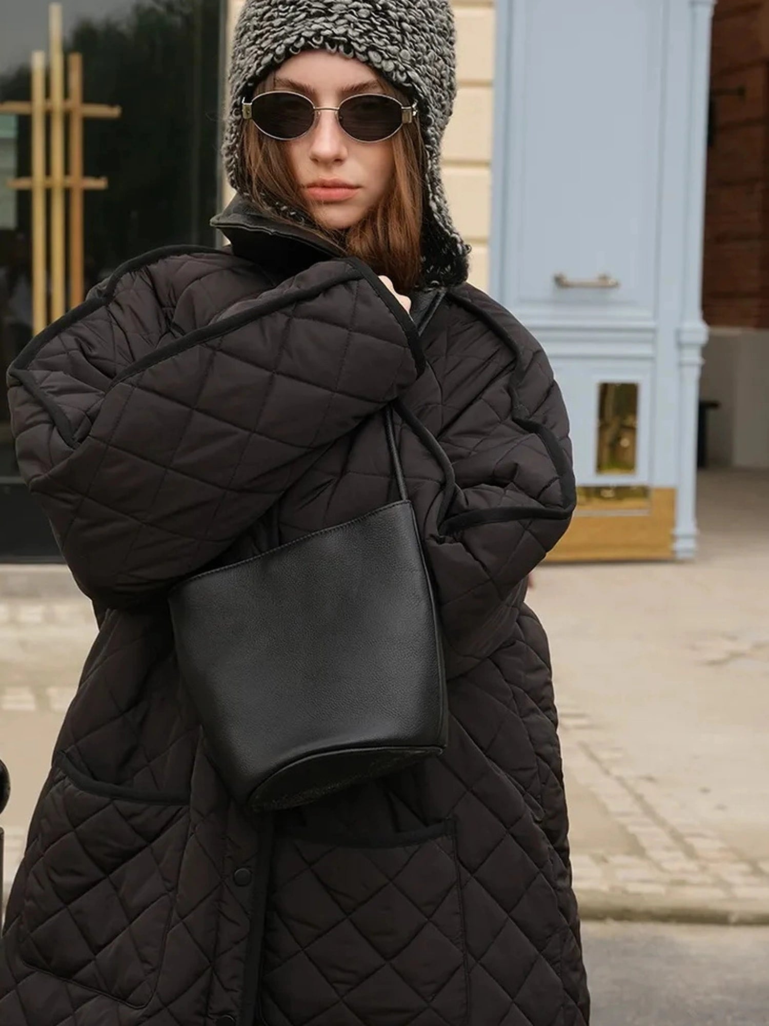 FU FRESH UP Long Puffer Coat With Quilted Pattern And Leather Trim