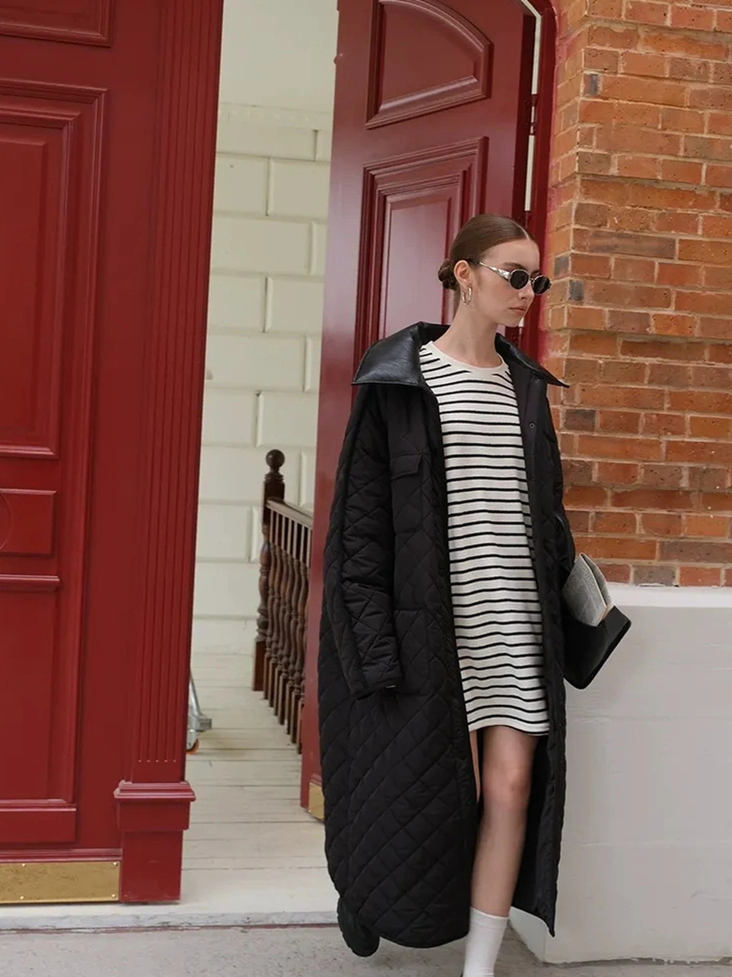 FU FRESH UP Long Puffer Coat With Quilted Pattern And Leather Trim