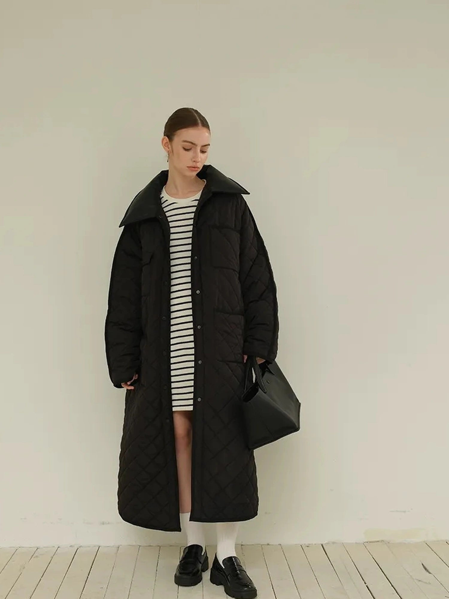FU FRESH UP Long Puffer Coat With Quilted Pattern And Leather Trim