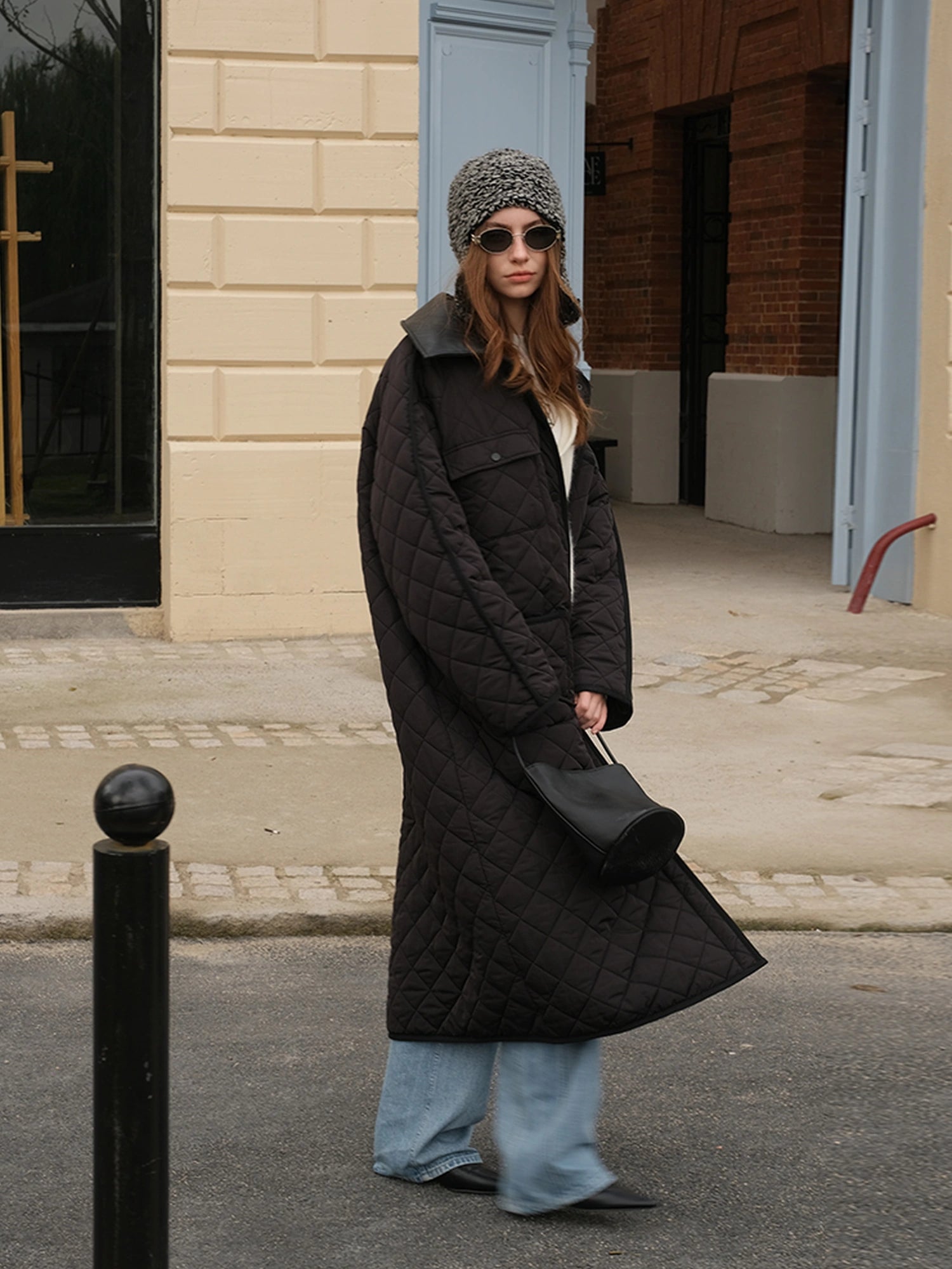 FU FRESH UP Long Puffer Coat With Quilted Pattern And Leather Trim