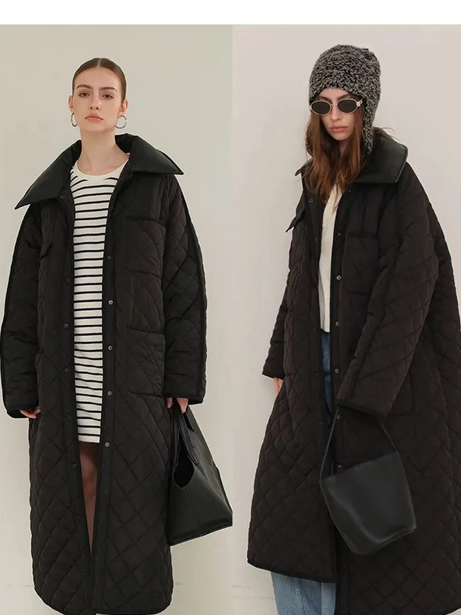 FU FRESH UP Long Puffer Coat With Quilted Pattern And Leather Trim