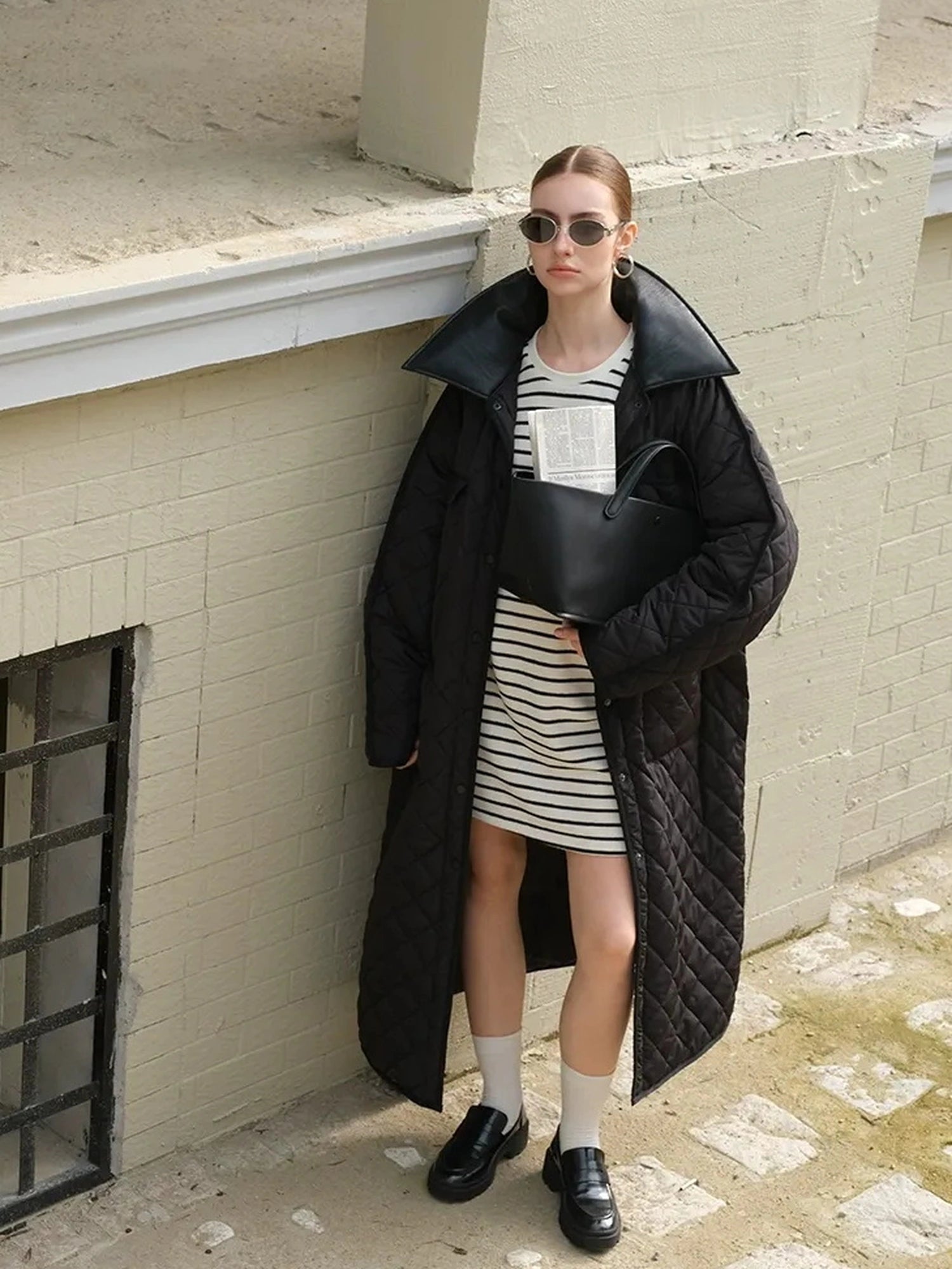 FU FRESH UP Long Puffer Coat With Quilted Pattern And Leather Trim