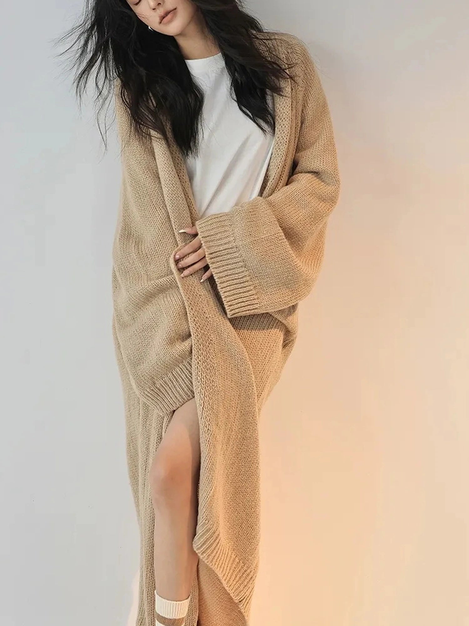 FU FRESH UP Long Wool Mohair Knit Cardigan Coat