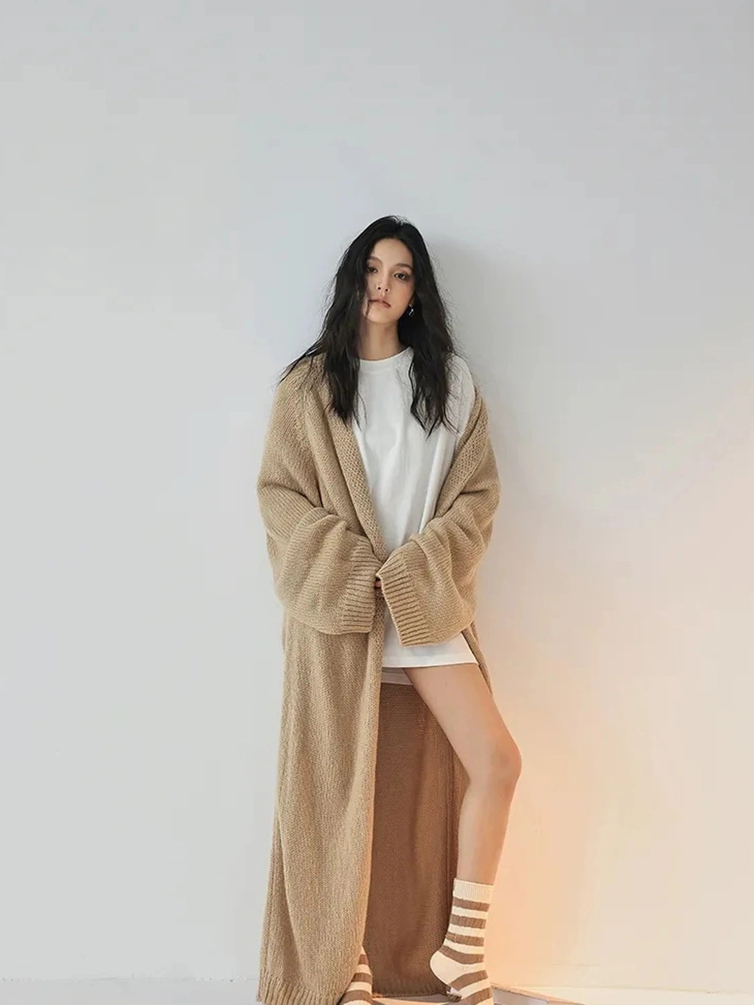 FU FRESH UP Long Wool Mohair Knit Cardigan Coat
