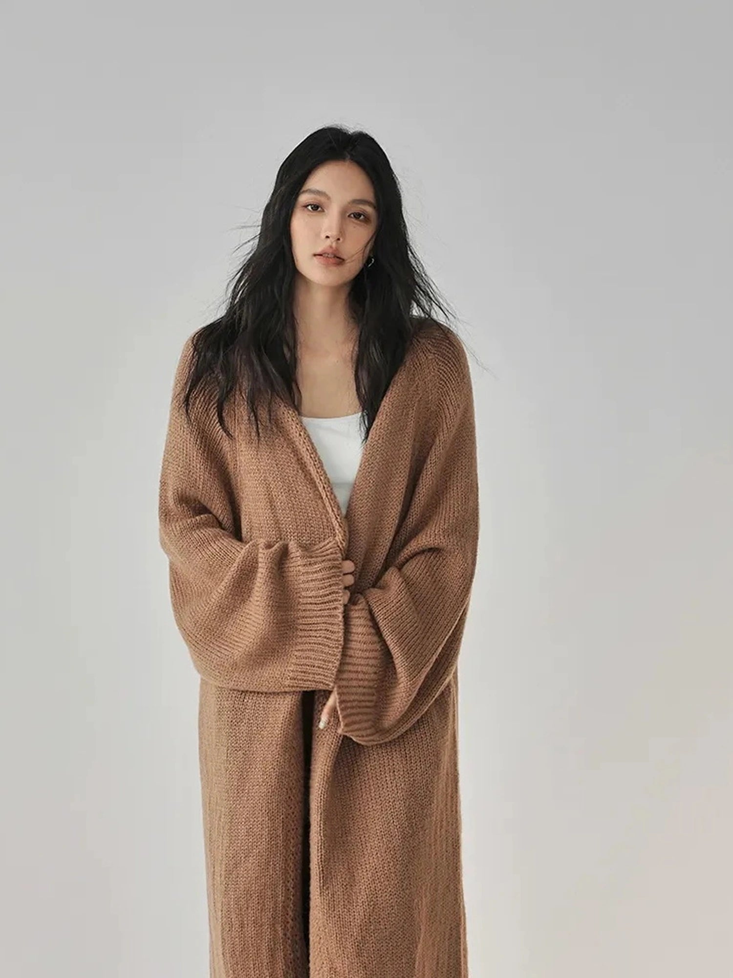 FU FRESH UP Long Wool Mohair Knit Cardigan Coat