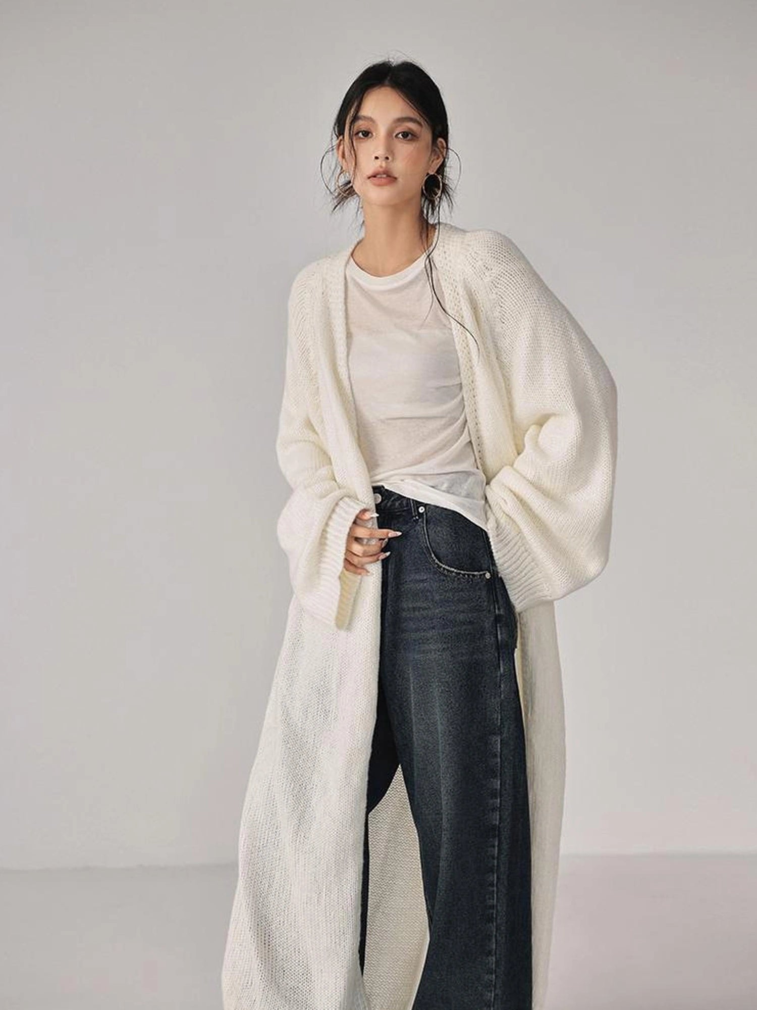 FU FRESH UP Long Wool Mohair Knit Cardigan Coat