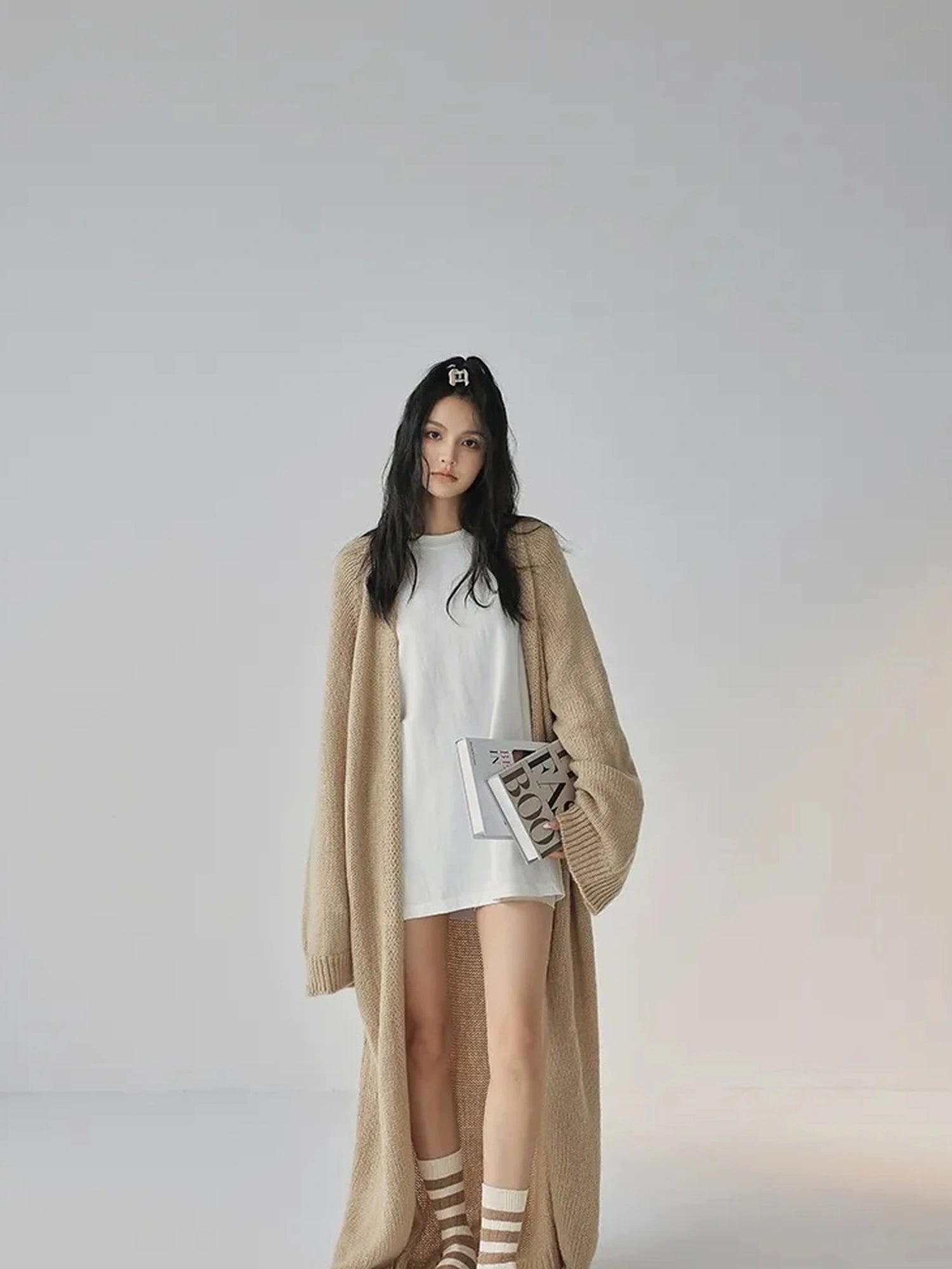 FU FRESH UP Long Wool Mohair Knit Cardigan Coat